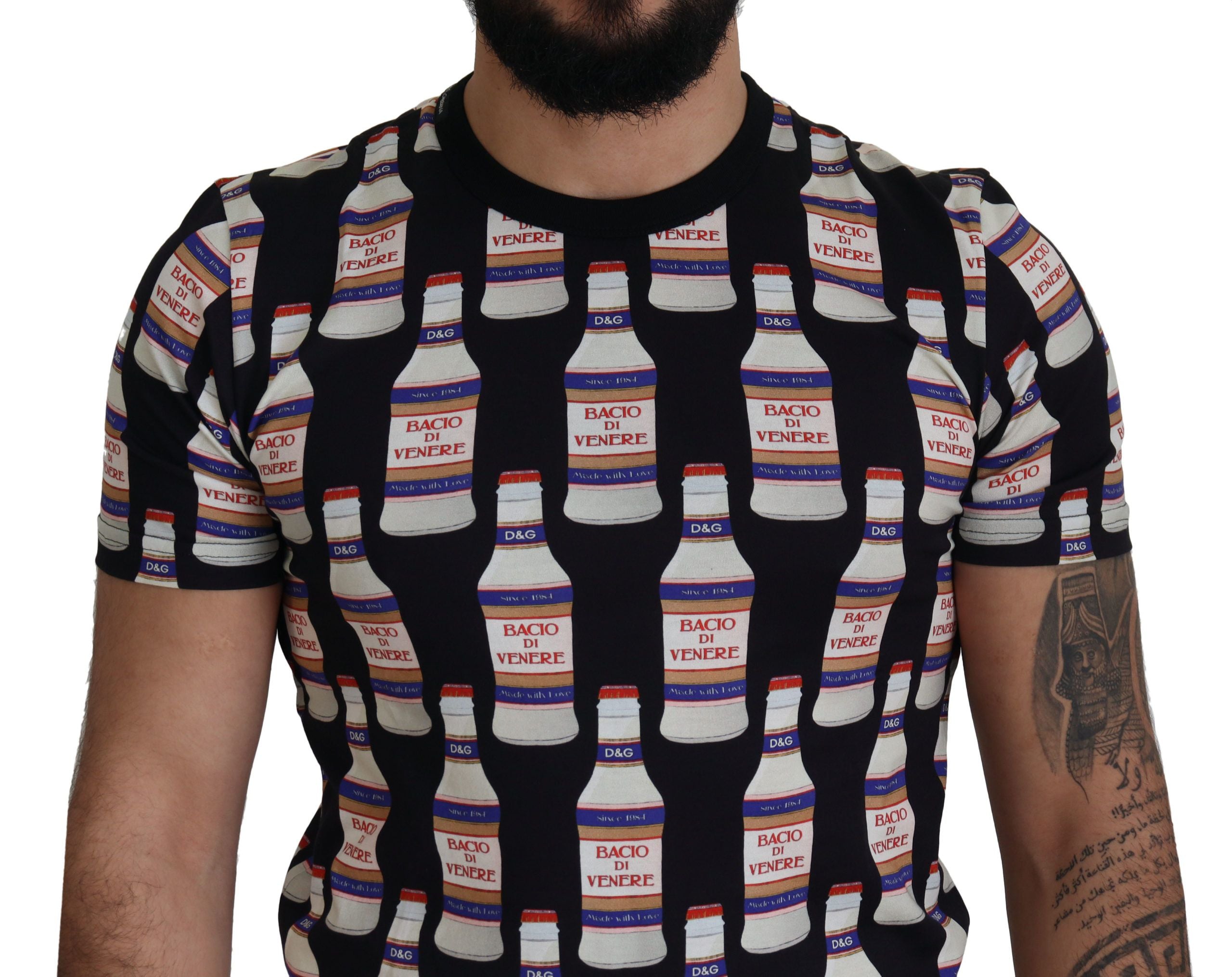 Dolce & Gabbana Camiseta negra con cuello redondo de algodón Bacio Di Venere