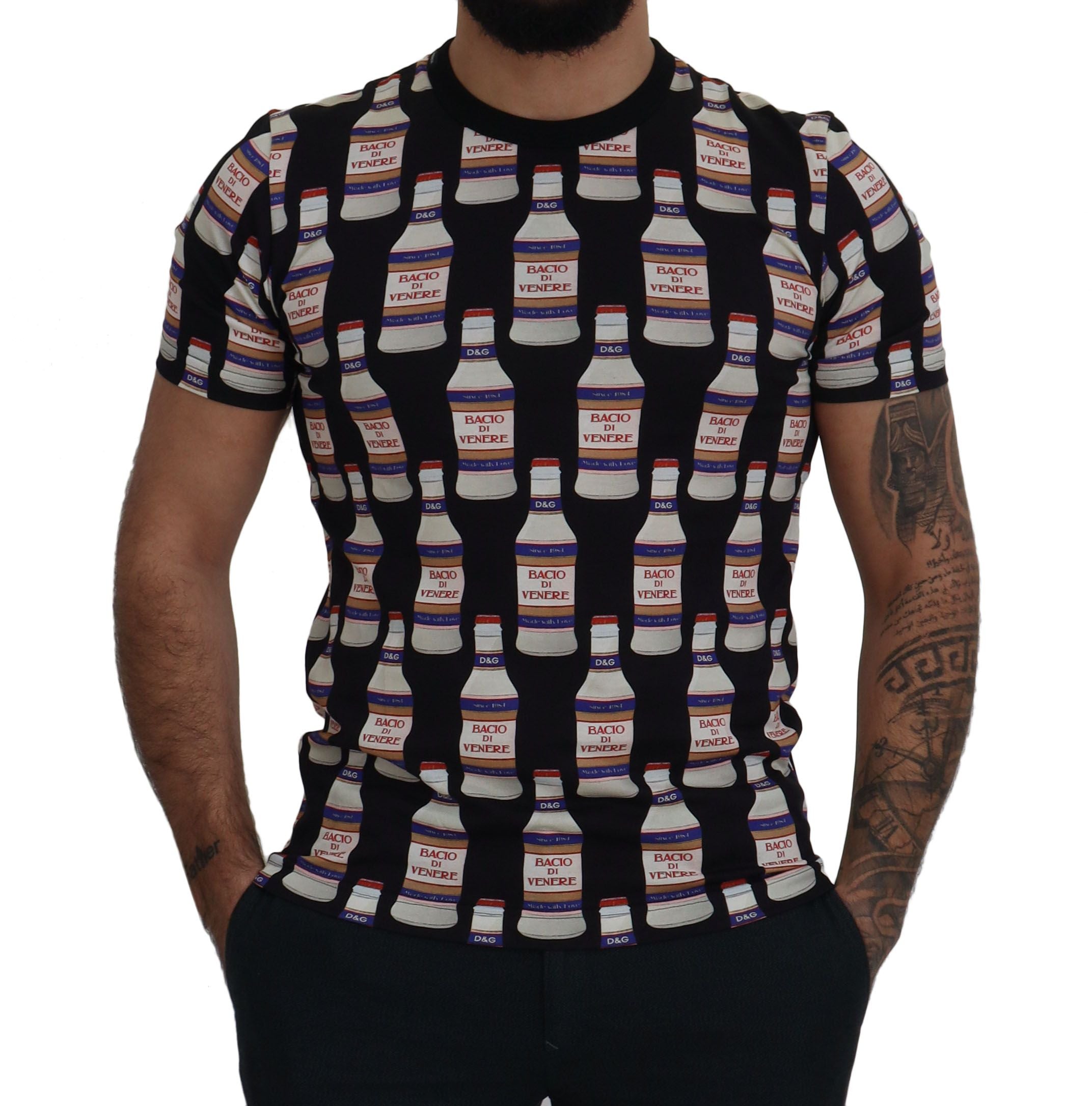 Dolce & Gabbana Camiseta negra con cuello redondo de algodón Bacio Di Venere