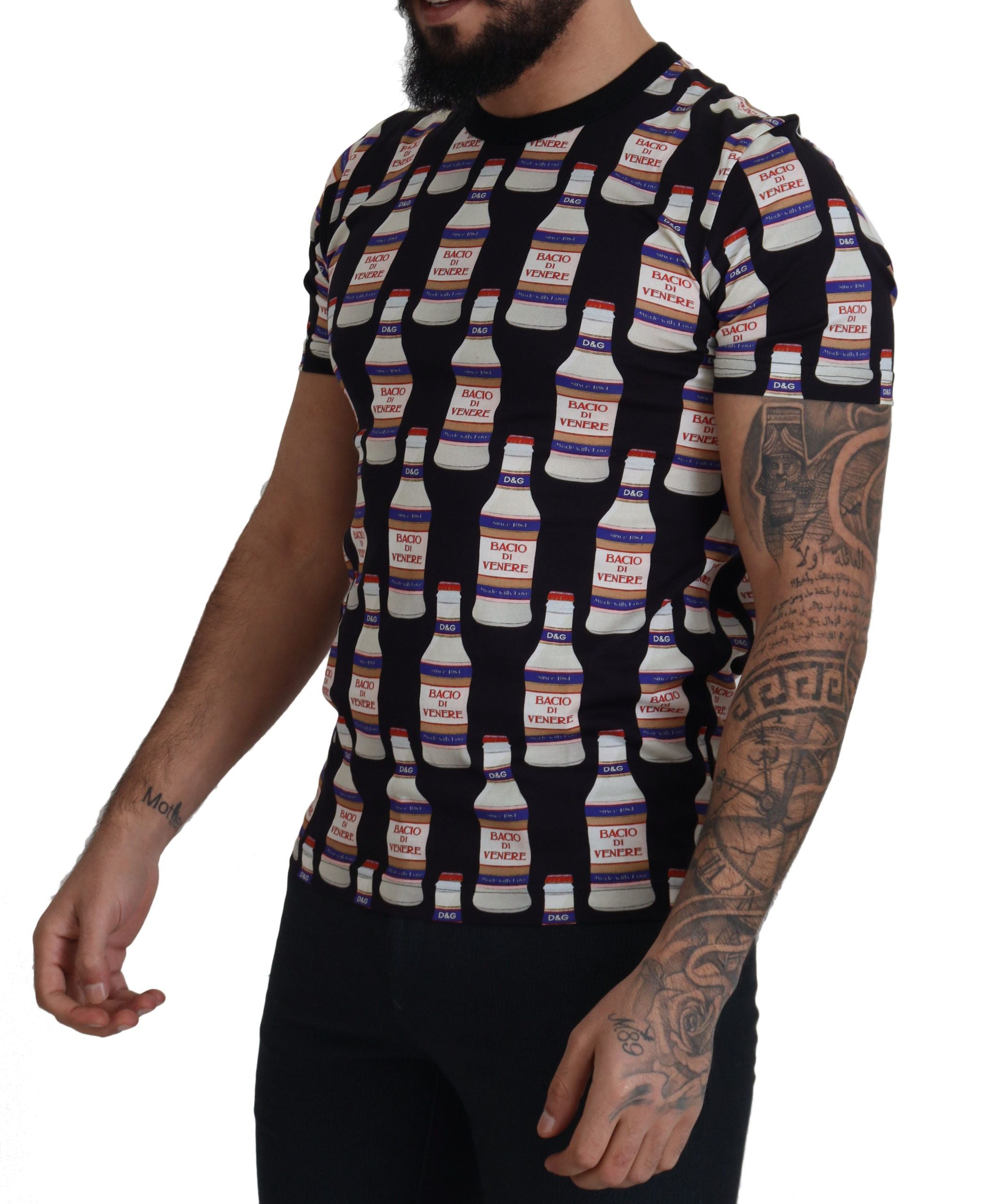 Dolce & Gabbana Camiseta negra con cuello redondo de algodón Bacio Di Venere