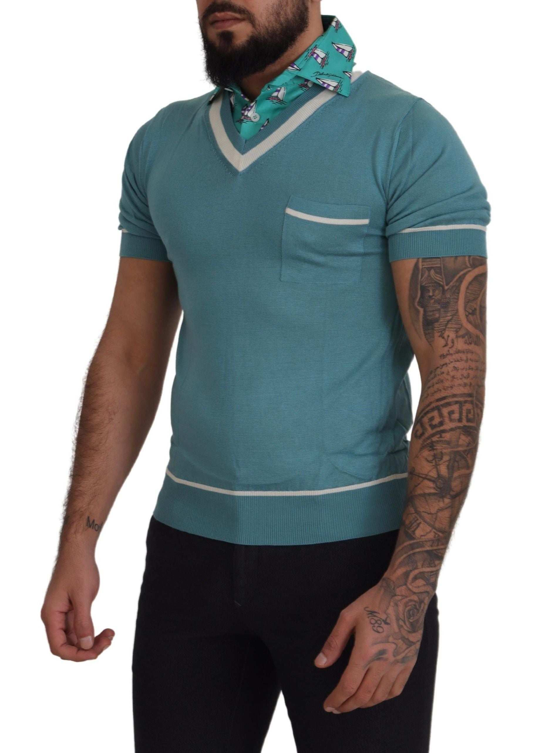 Polo de seda azul Dolce & Gabbana para hombre con cuello en V
