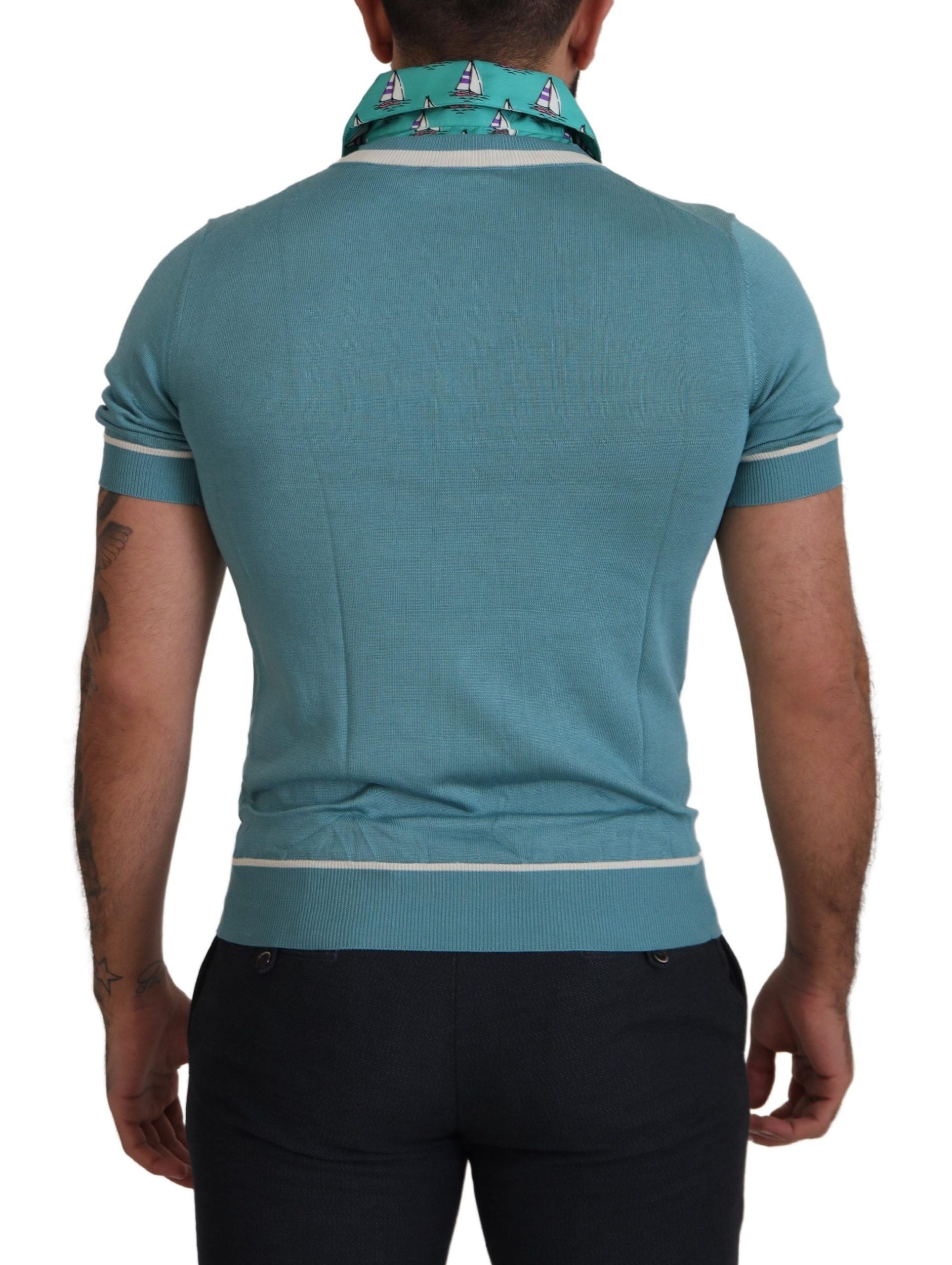Polo de seda azul Dolce & Gabbana para hombre con cuello en V