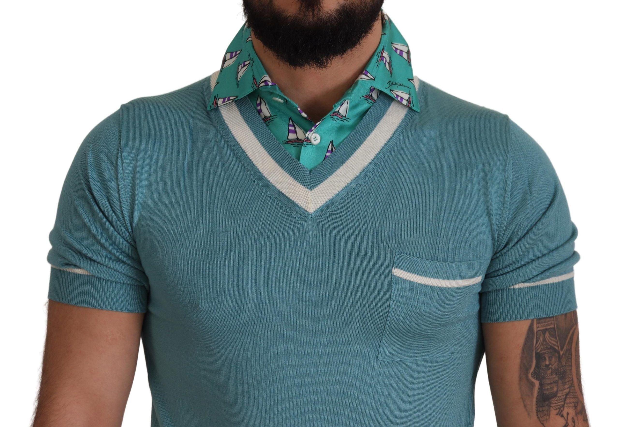 Polo de seda azul Dolce & Gabbana para hombre con cuello en V