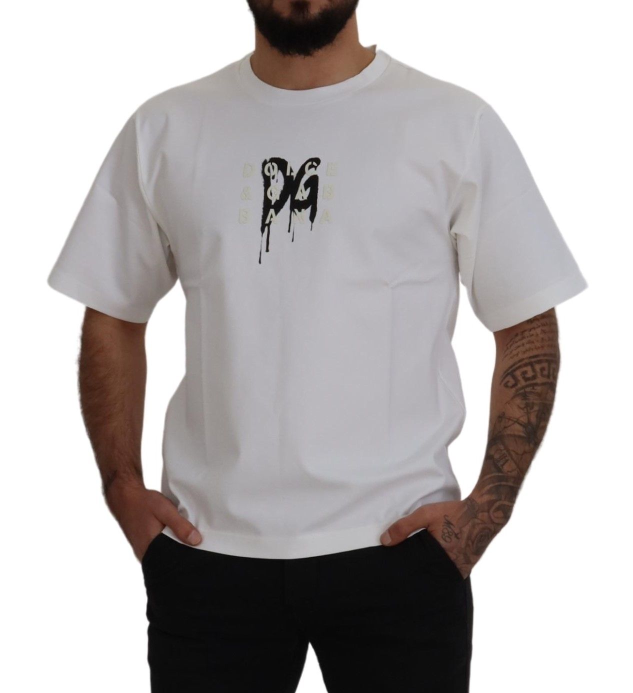 Camiseta de algodón con cuello redondo y estampado del logotipo blanco de Dolce & Gabbana