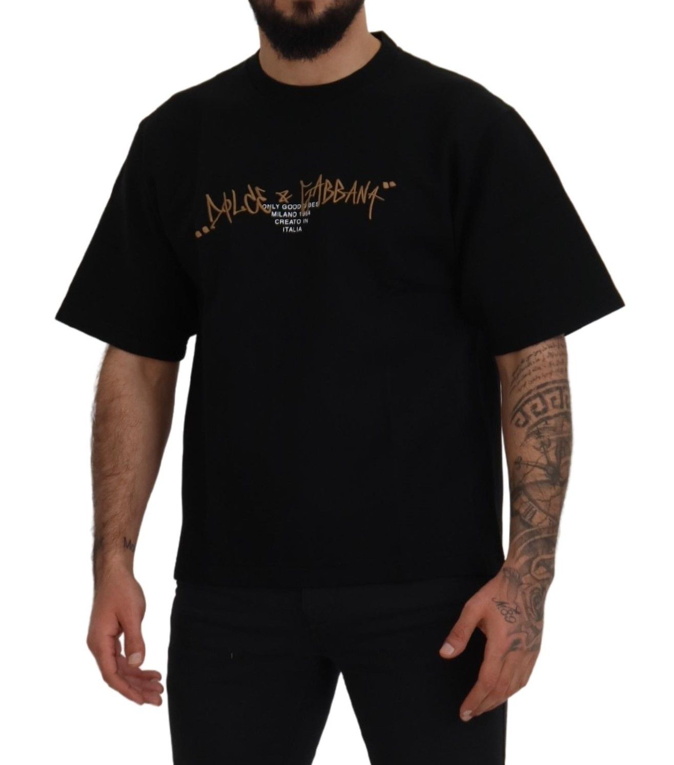 Camiseta de algodón con cuello redondo y logotipo negro de Dolce & Gabbana