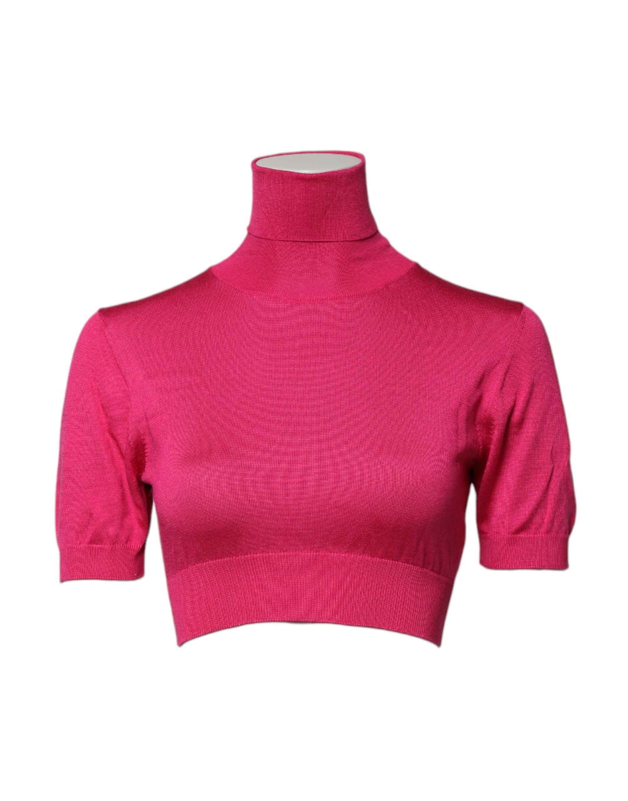 Top corto de cuello alto de punto de seda rosa de Dolce & Gabbana