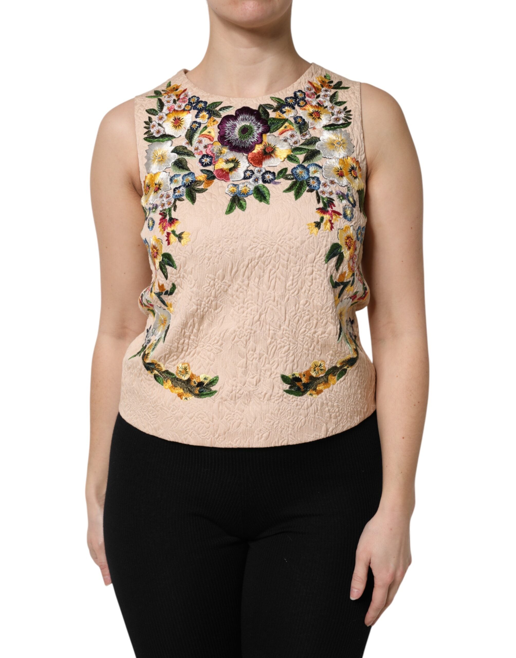 Camiseta sin mangas con bordado floral beige de Dolce & Gabbana
