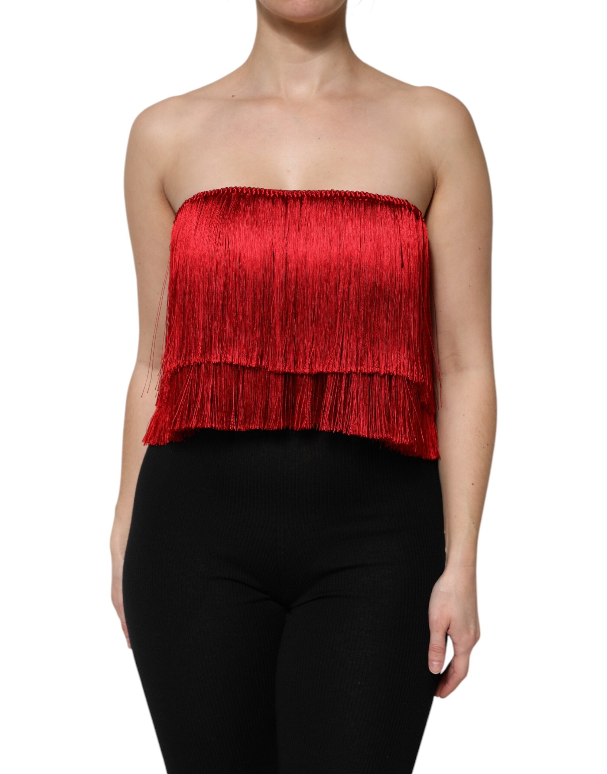 Top corto de tubo con flecos y sin tirantes de seda roja de Dolce & Gabbana