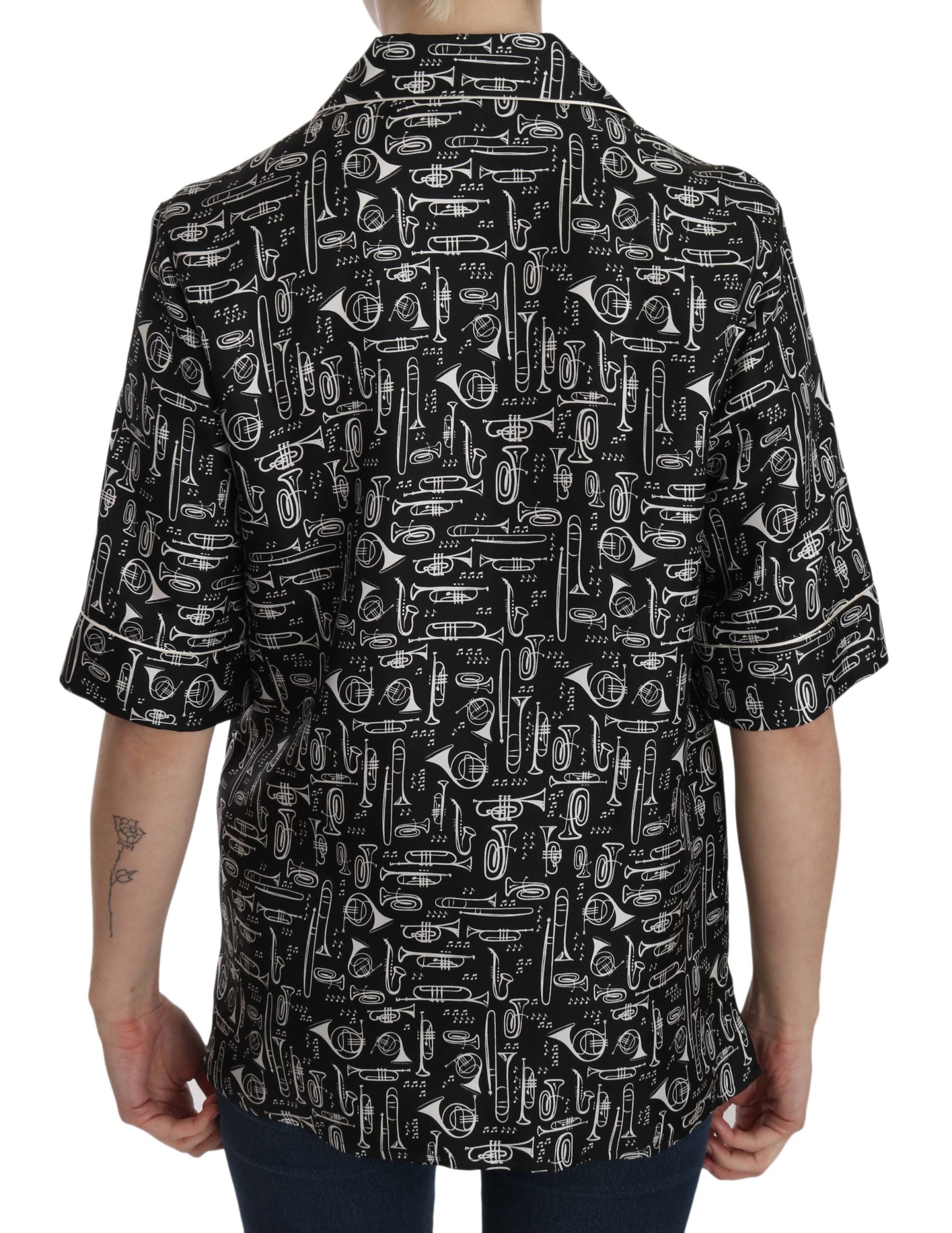 Top de seda con estampado de instrumentos musicales negros de Dolce &amp; Gabbana