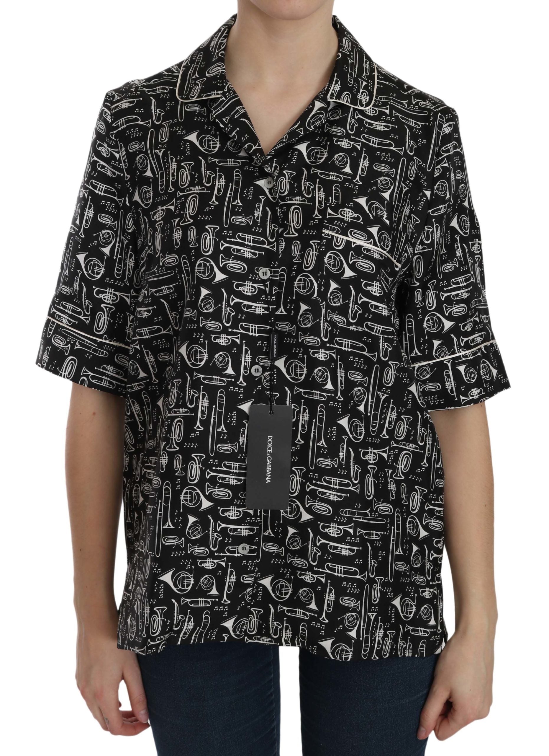 Top de seda con estampado de instrumentos musicales negros de Dolce &amp; Gabbana