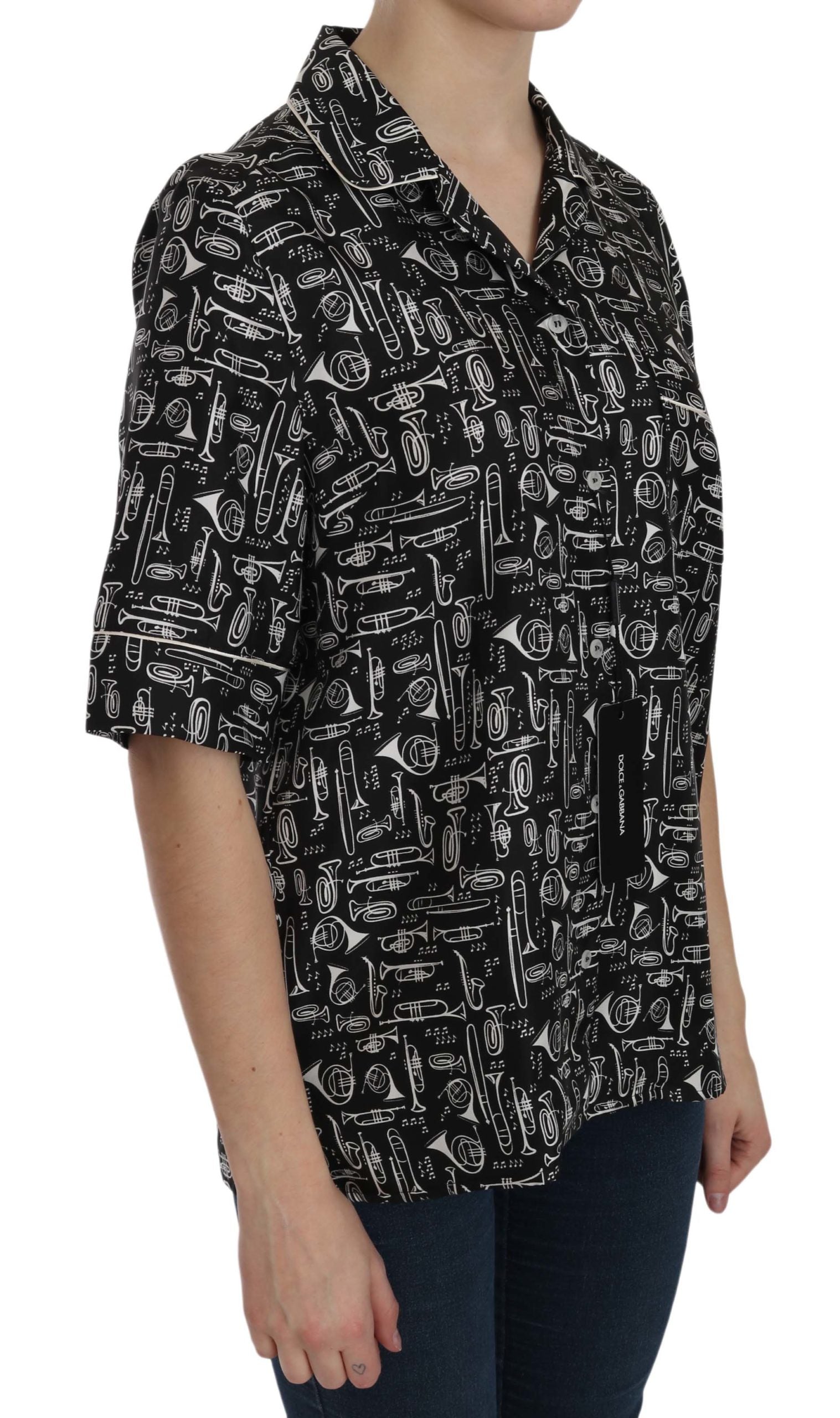 Top de seda con estampado de instrumentos musicales negros de Dolce &amp; Gabbana