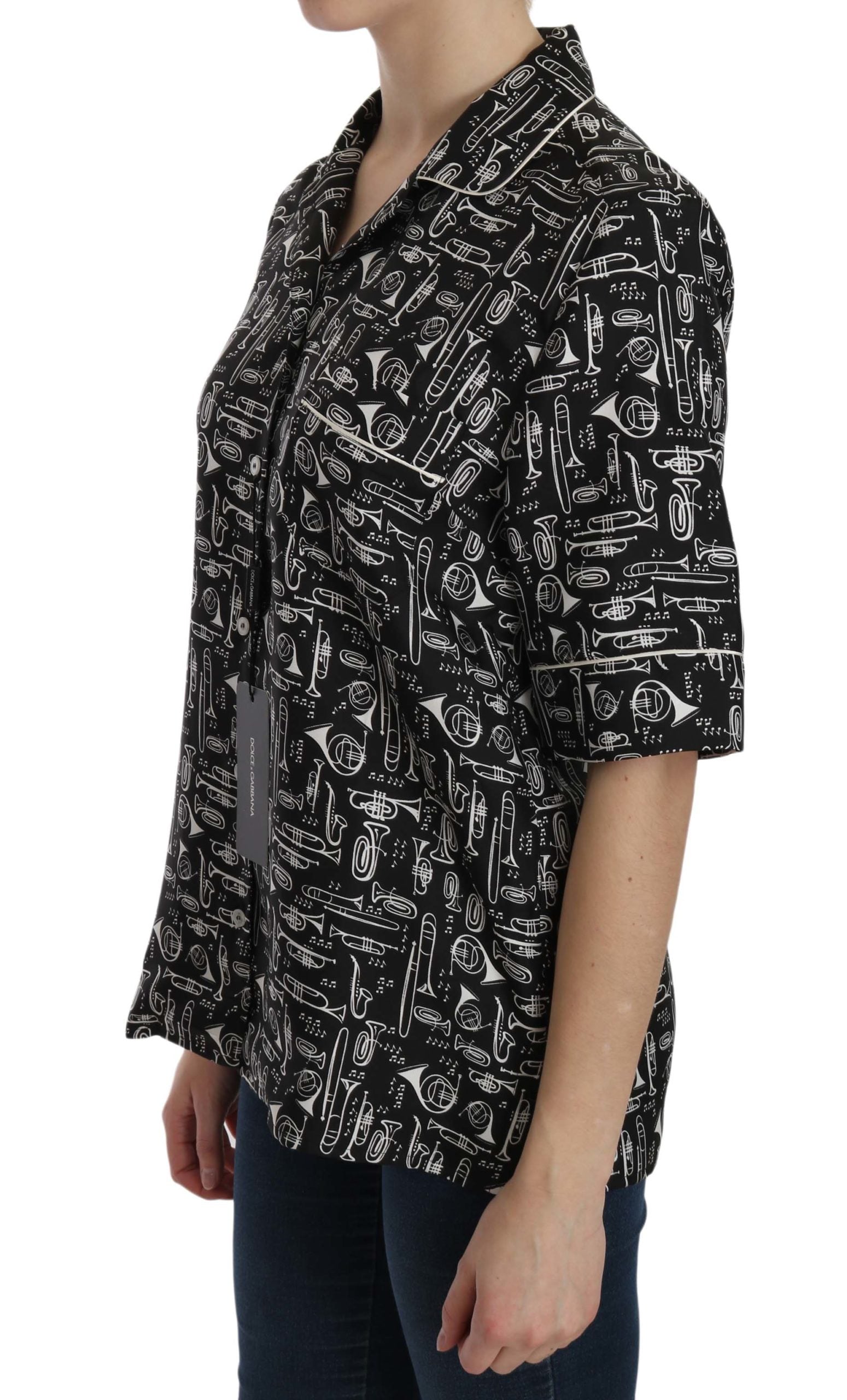 Top de seda con estampado de instrumentos musicales negros de Dolce &amp; Gabbana