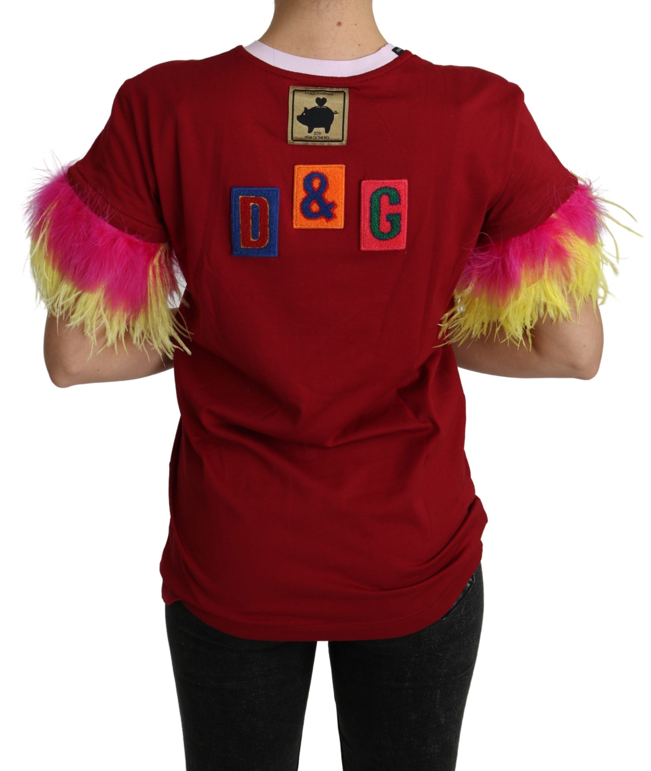 Camiseta con mangas de plumas y estampado de cerdo rojo de Dolce &amp; Gabbana