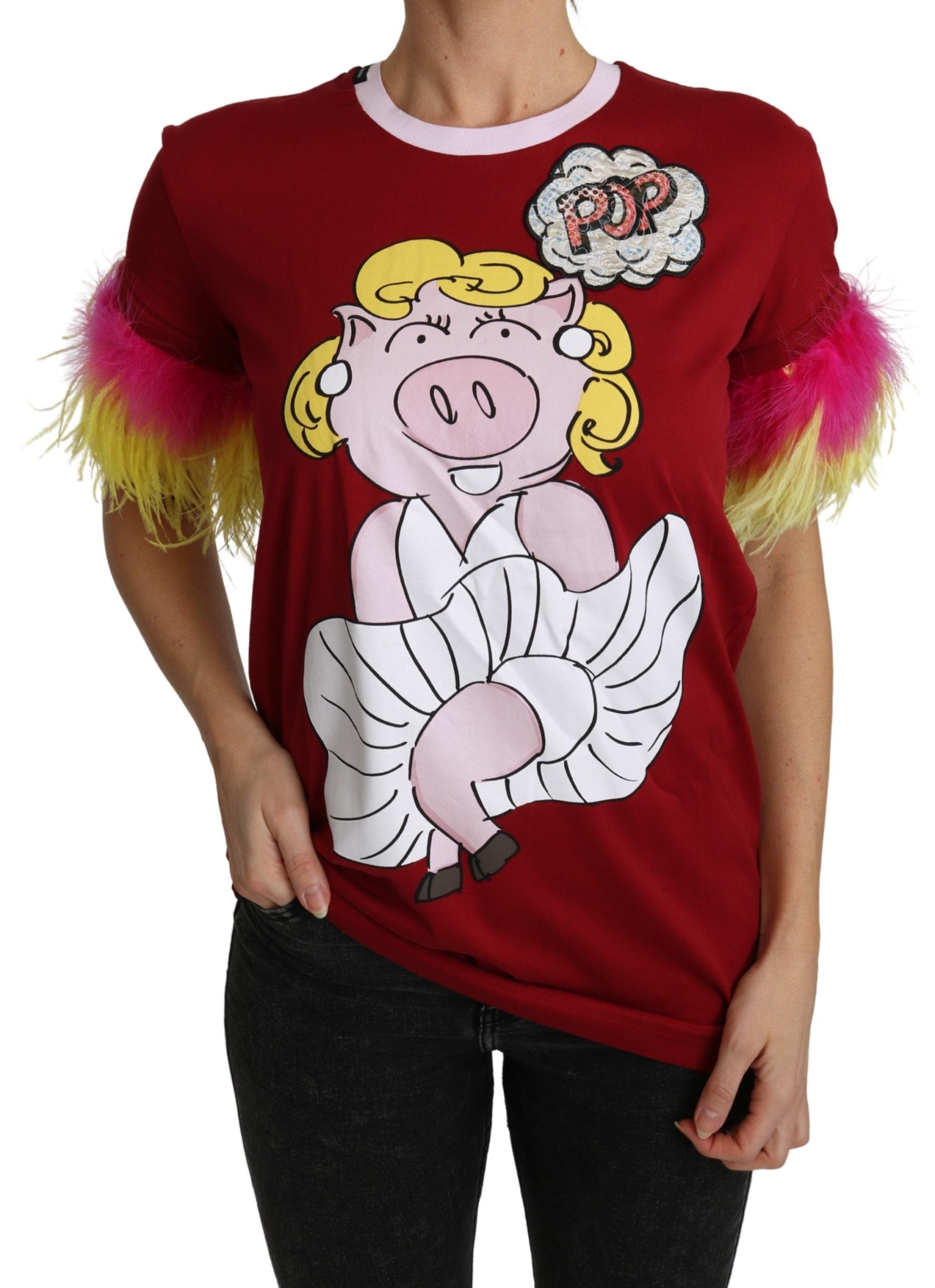 Camiseta con mangas de plumas y estampado de cerdo rojo de Dolce &amp; Gabbana