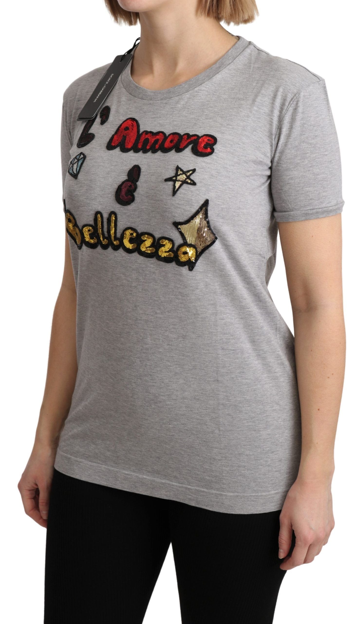 Dolce &amp; Gabbana Camiseta gris de algodón Amore e Bellezza Top