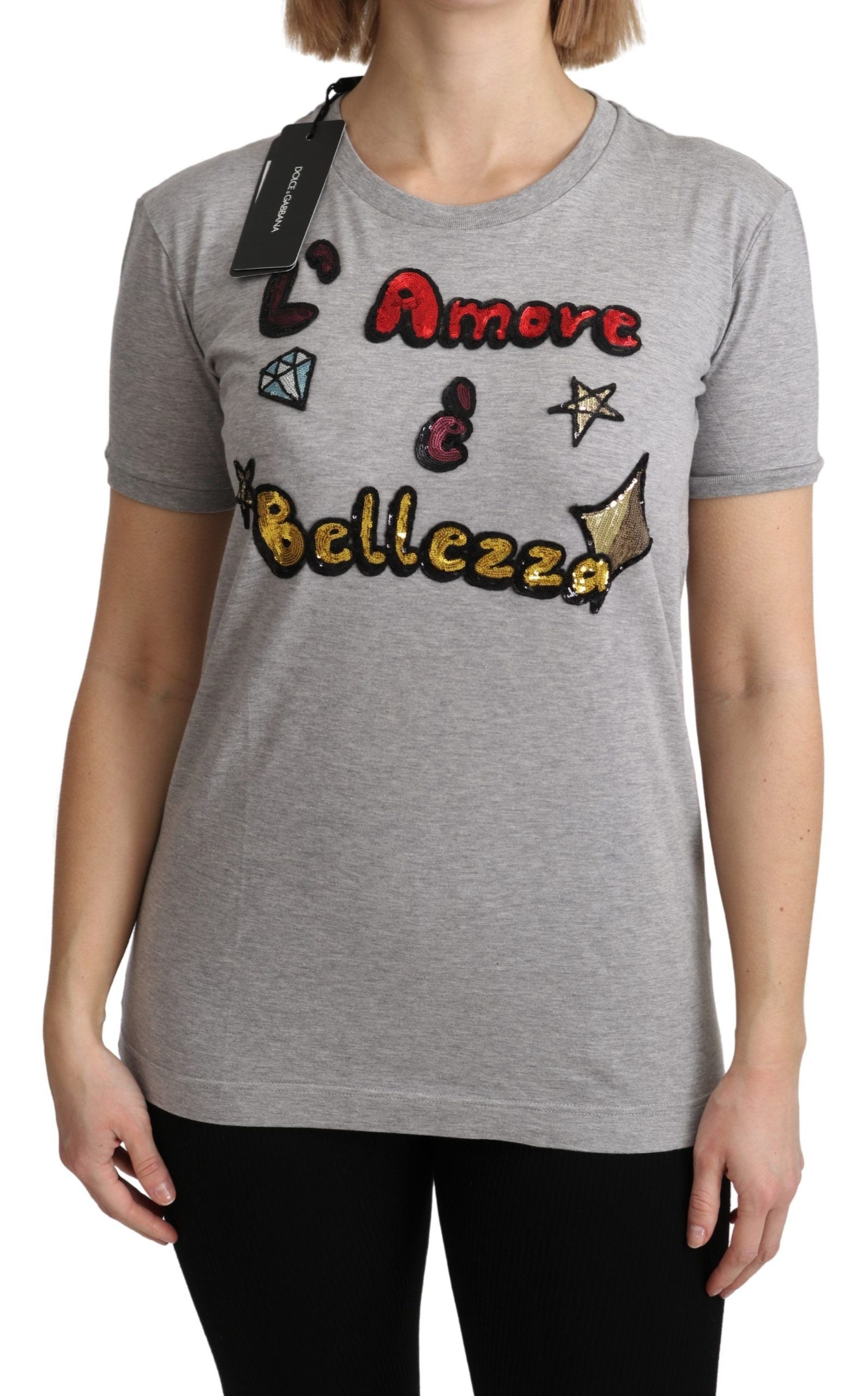 Dolce &amp; Gabbana Camiseta gris de algodón Amore e Bellezza Top