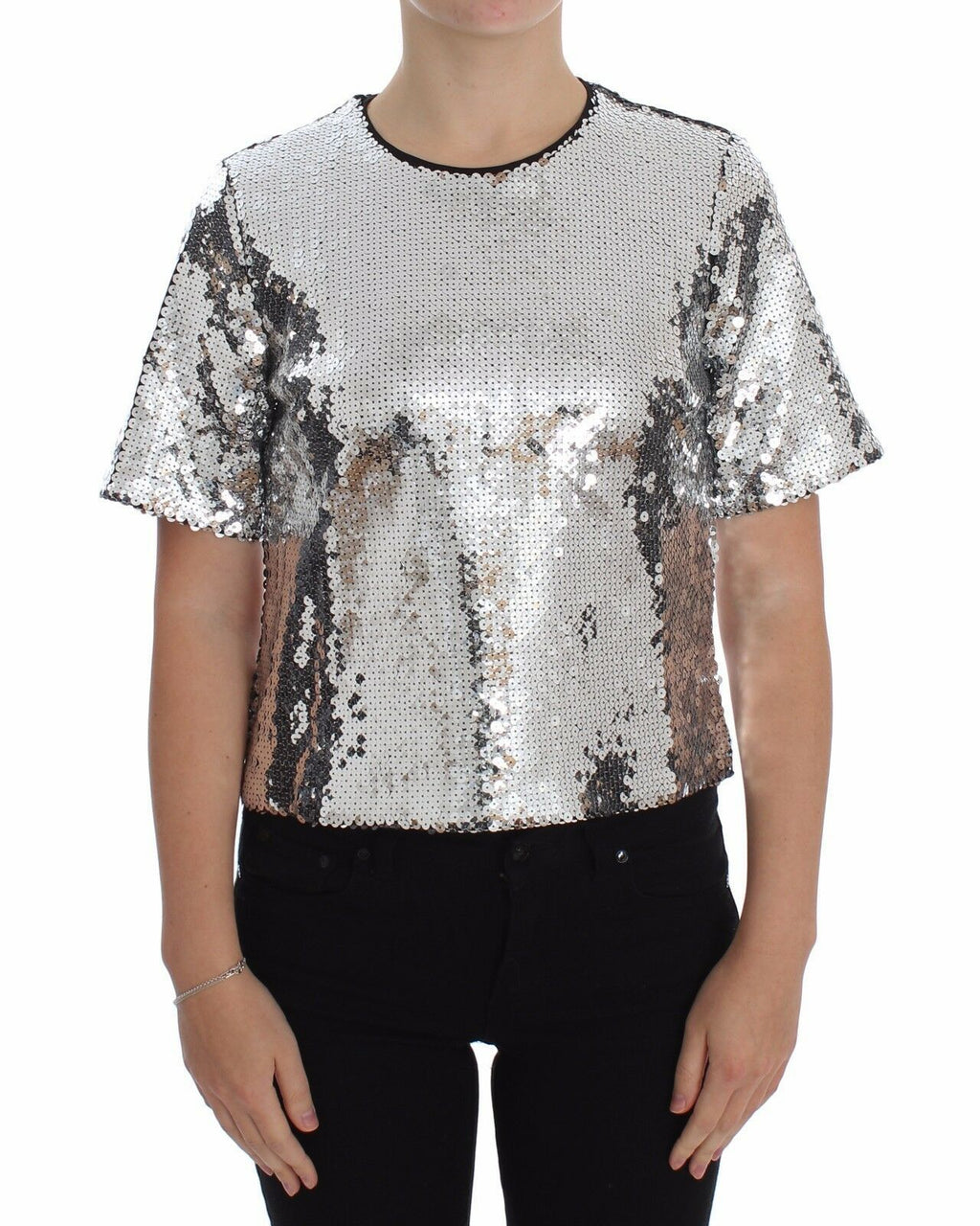 Blusa de cuello redondo con lentejuelas plateadas de Dolce &amp; Gabbana