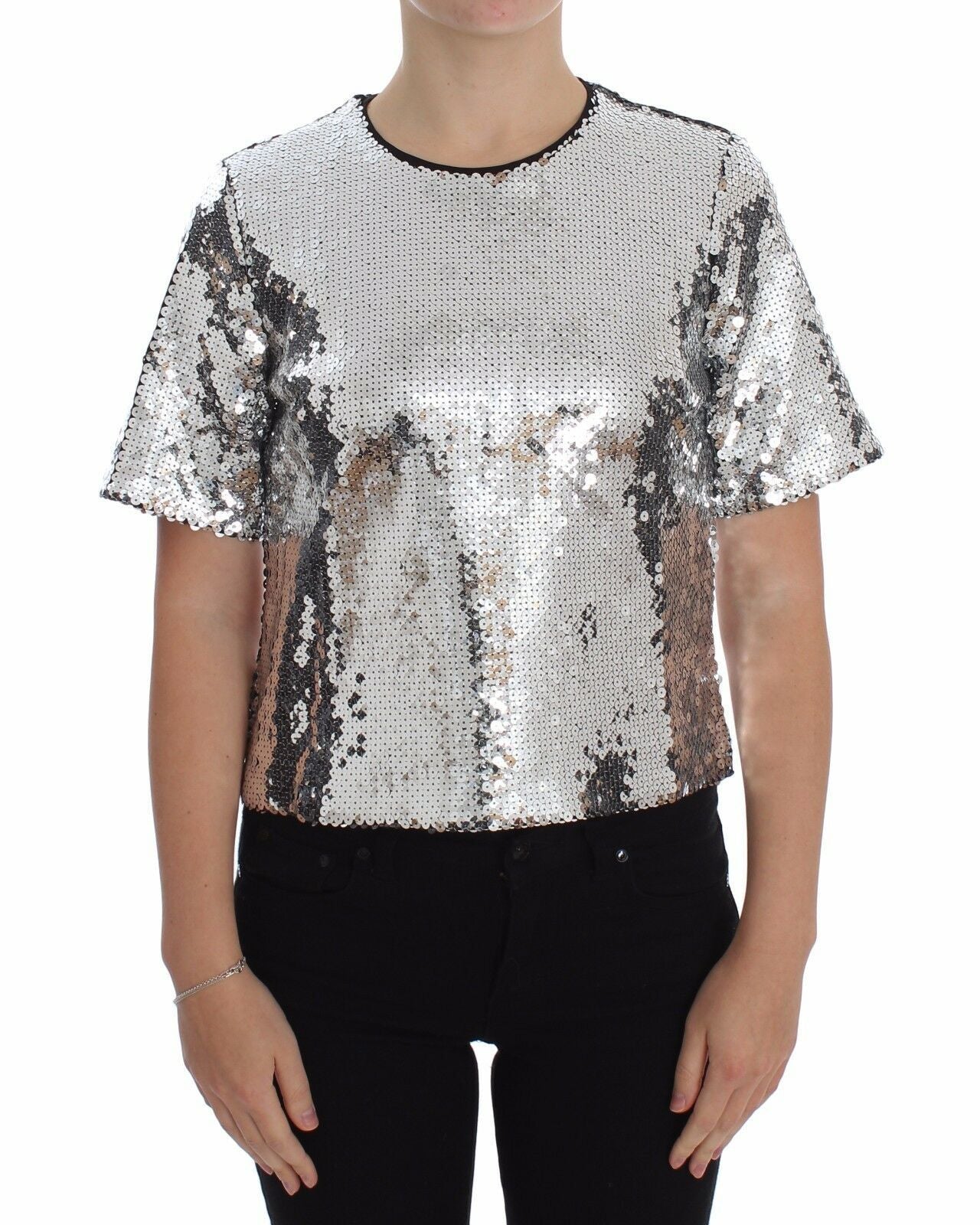 Blusa de cuello redondo con lentejuelas plateadas de Dolce &amp; Gabbana