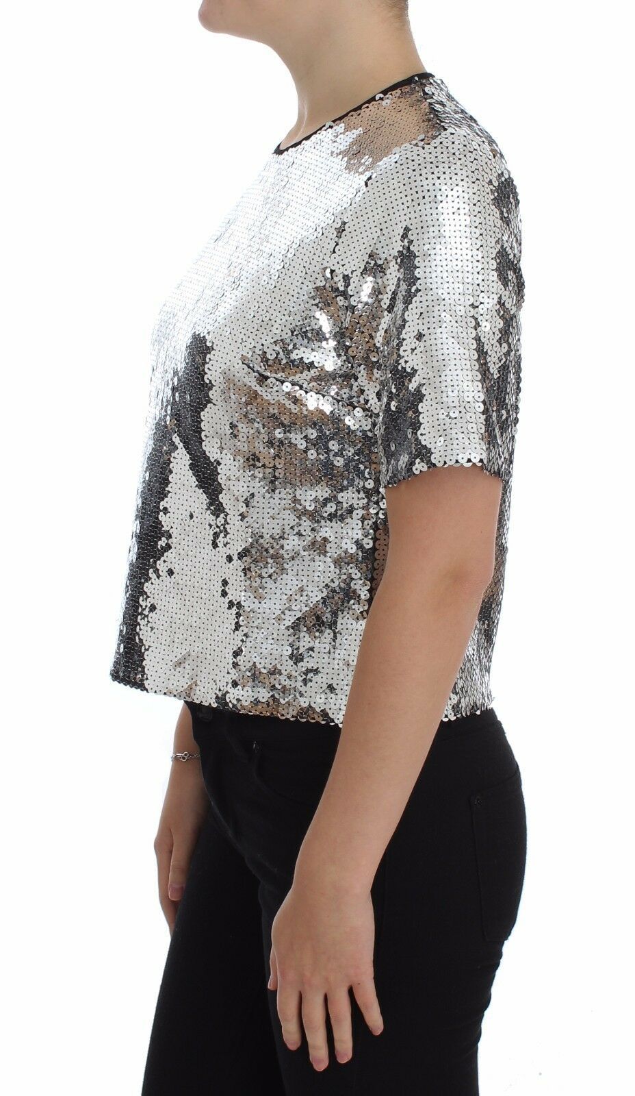 Blusa de cuello redondo con lentejuelas plateadas de Dolce &amp; Gabbana