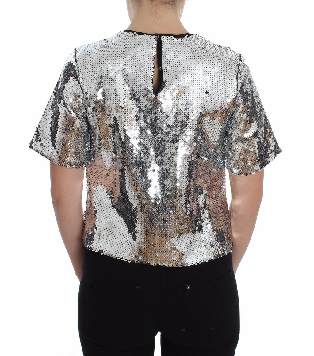 Blusa de cuello redondo con lentejuelas plateadas de Dolce &amp; Gabbana