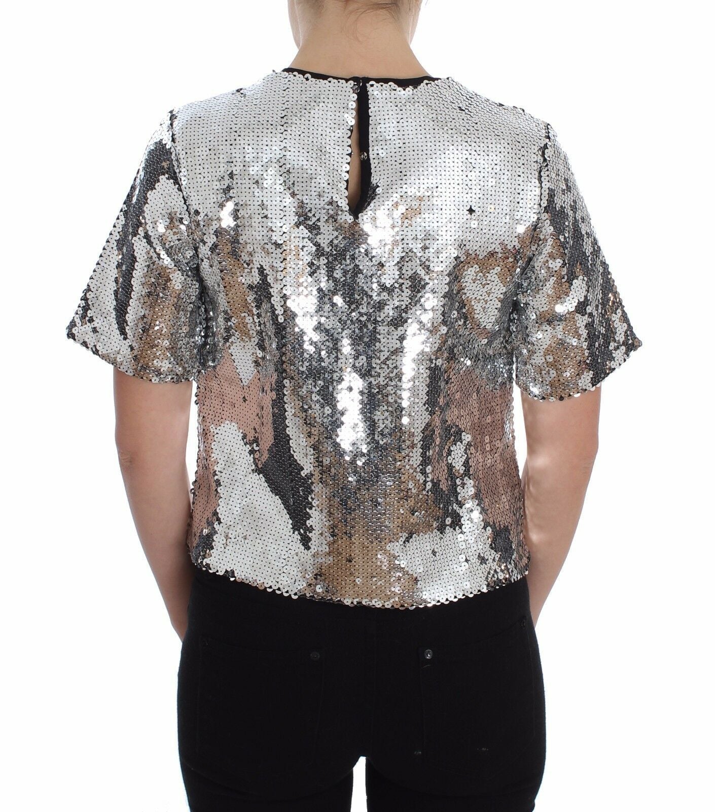 Blusa de cuello redondo con lentejuelas plateadas de Dolce &amp; Gabbana