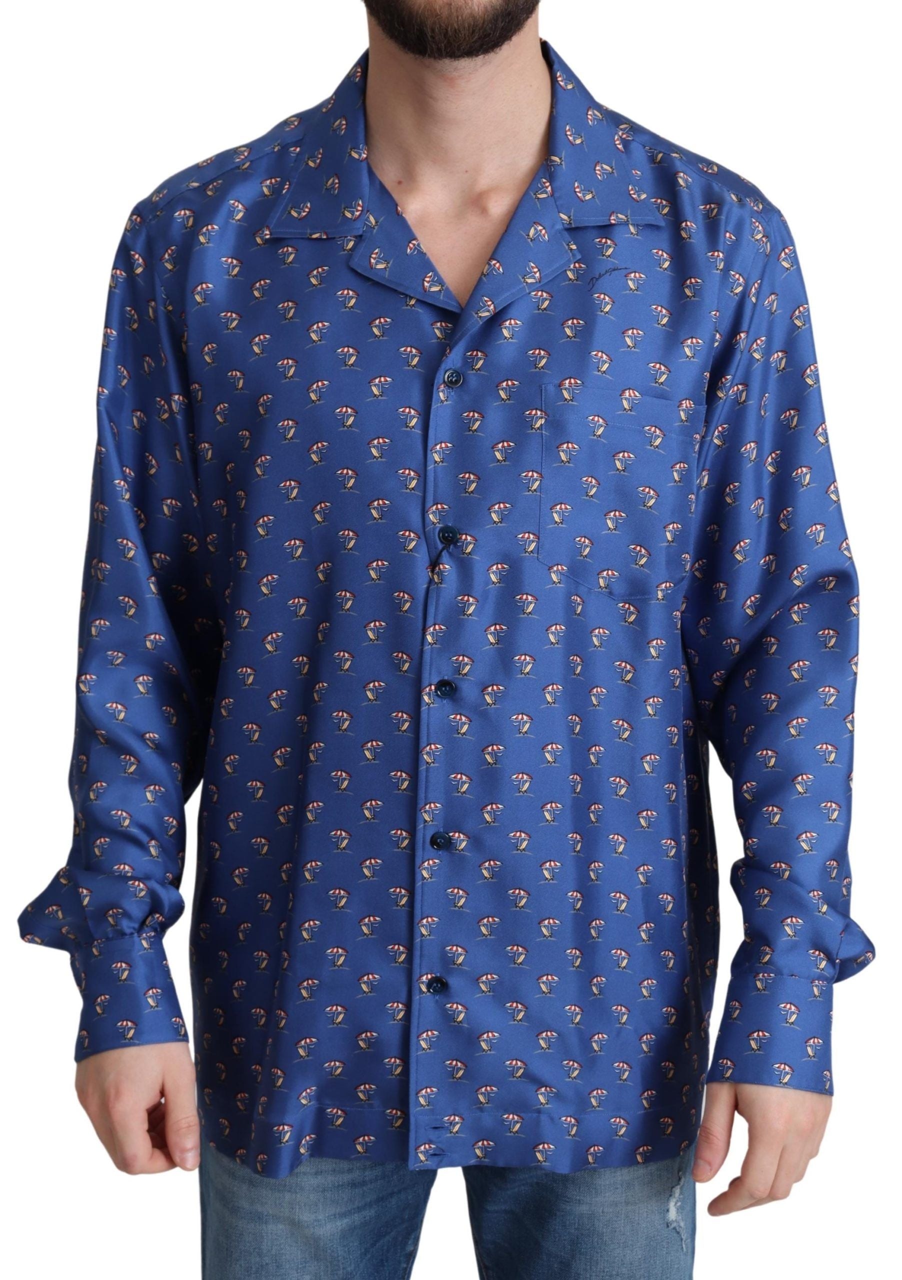 Camisa de seda con estampado de sombrilla y silla de playa azul de Dolce &amp; Gabbana