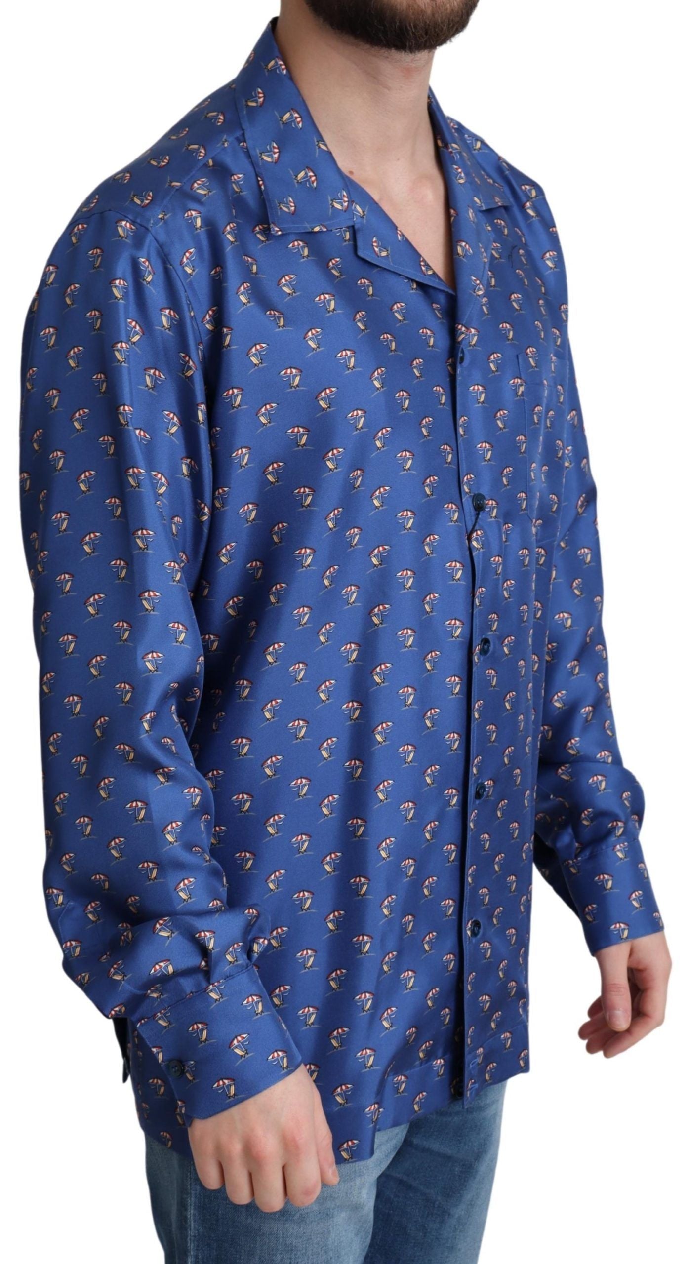 Camisa de seda con estampado de sombrilla y silla de playa azul de Dolce &amp; Gabbana