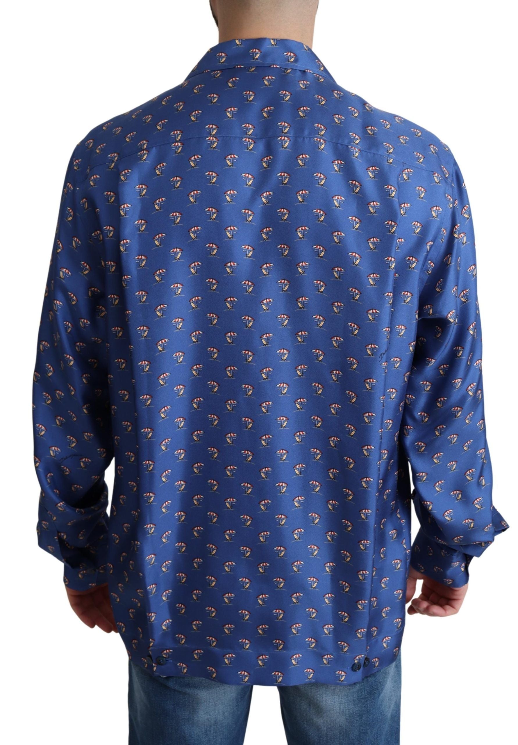 Camisa de seda con estampado de sombrilla y silla de playa azul de Dolce &amp; Gabbana