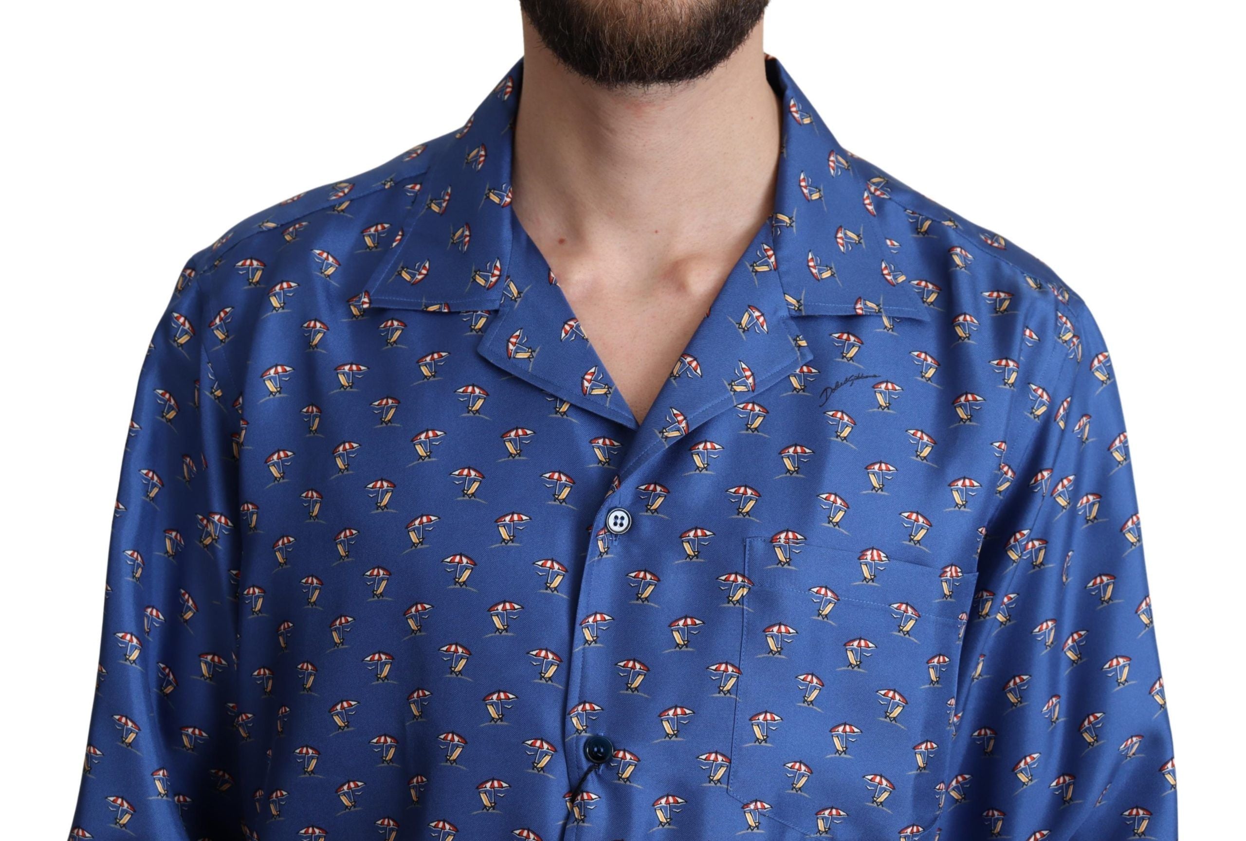 Camisa de seda con estampado de sombrilla y silla de playa azul de Dolce &amp; Gabbana