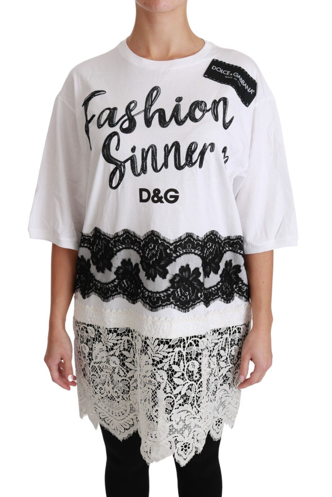 Camiseta de encaje de algodón Dolce &amp; Gabbana Fashion Sinner en blanco
