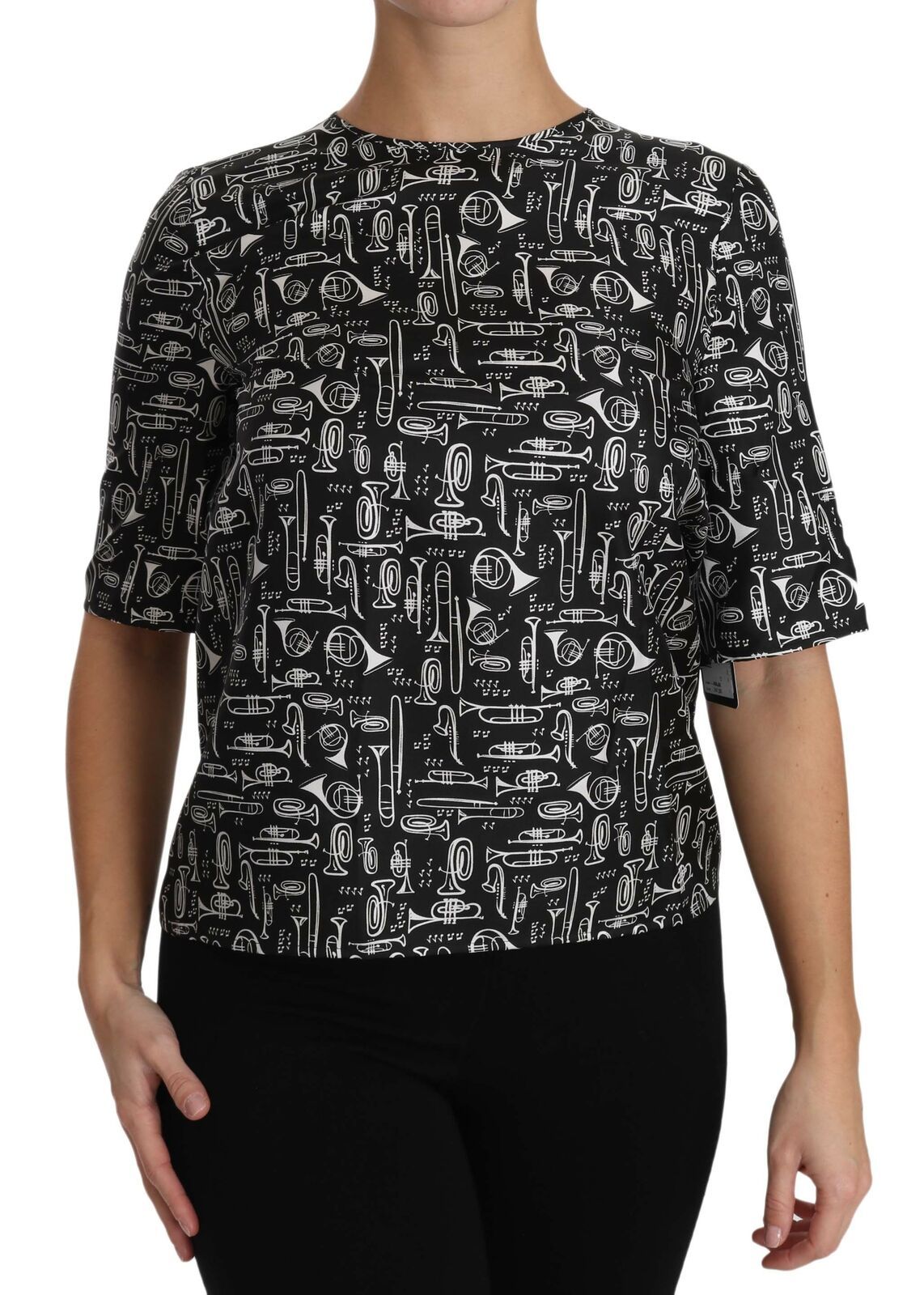 Blusa de seda negra con estampado de instrumentos musicales de Dolce &amp; Gabbana