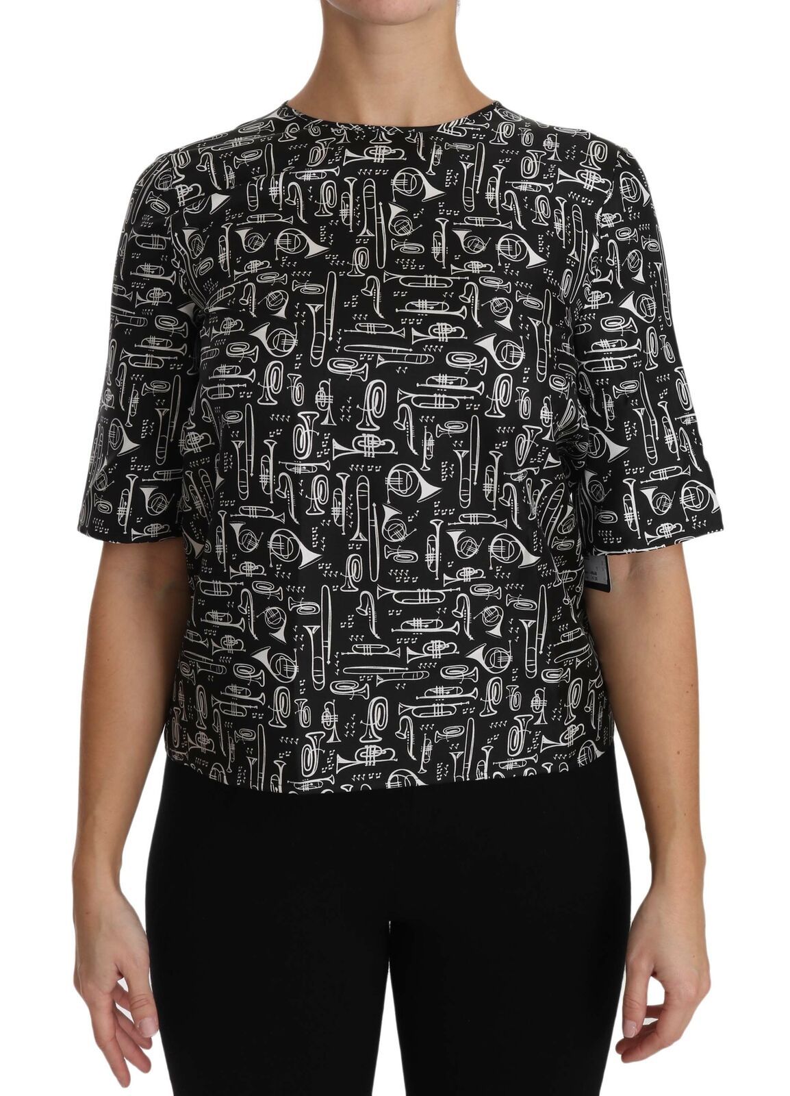 Blusa de seda negra con estampado de instrumentos musicales de Dolce &amp; Gabbana