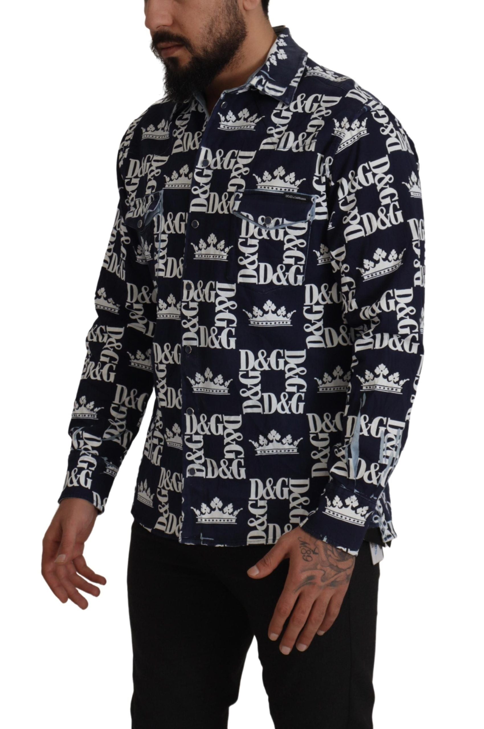 Camisa informal con logo de corona DG de mezclilla azul elástica de Dolce &amp; Gabbana