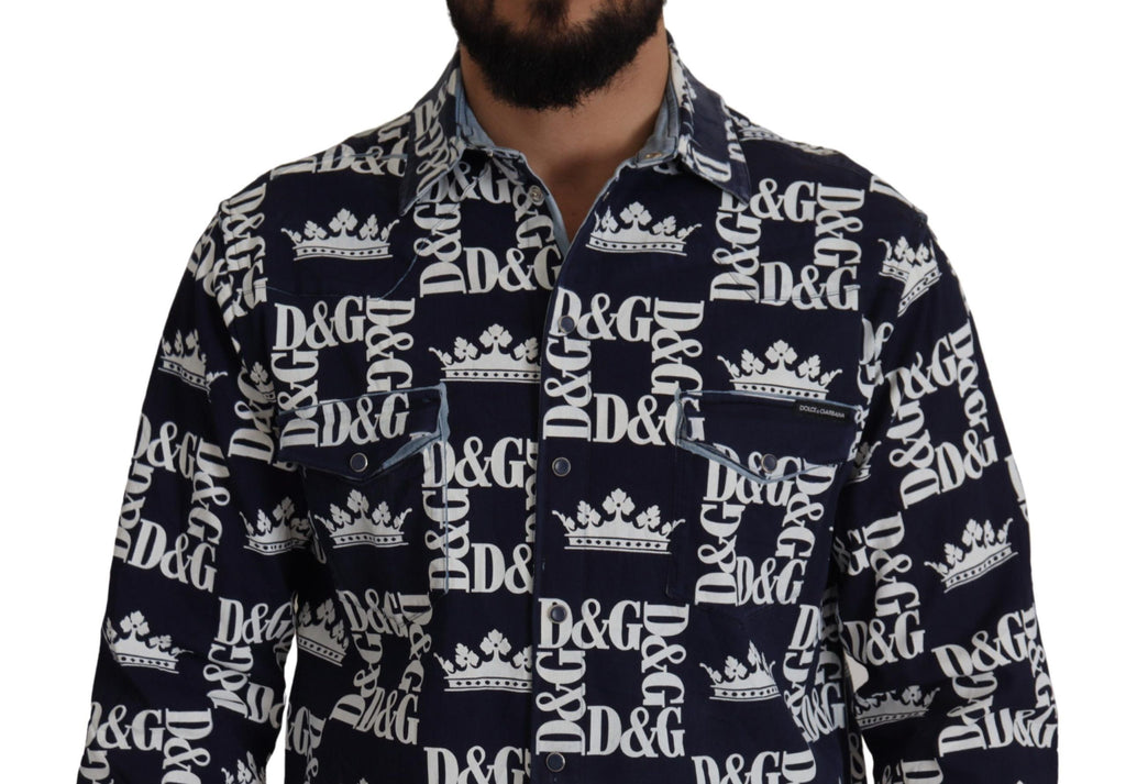 Camisa informal con logo de corona DG de mezclilla azul elástica de Dolce &amp; Gabbana