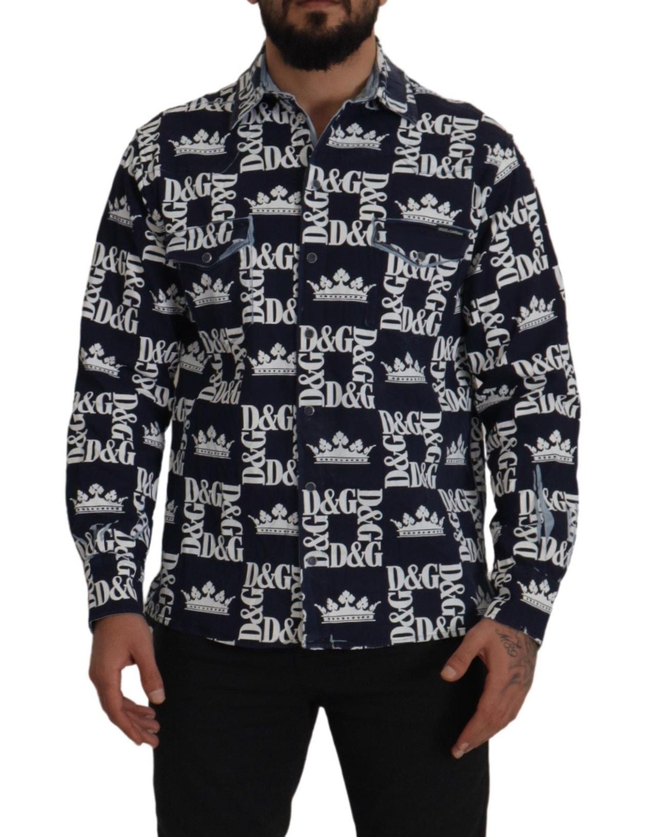 Camisa informal con logo de corona DG de mezclilla azul elástica de Dolce &amp; Gabbana