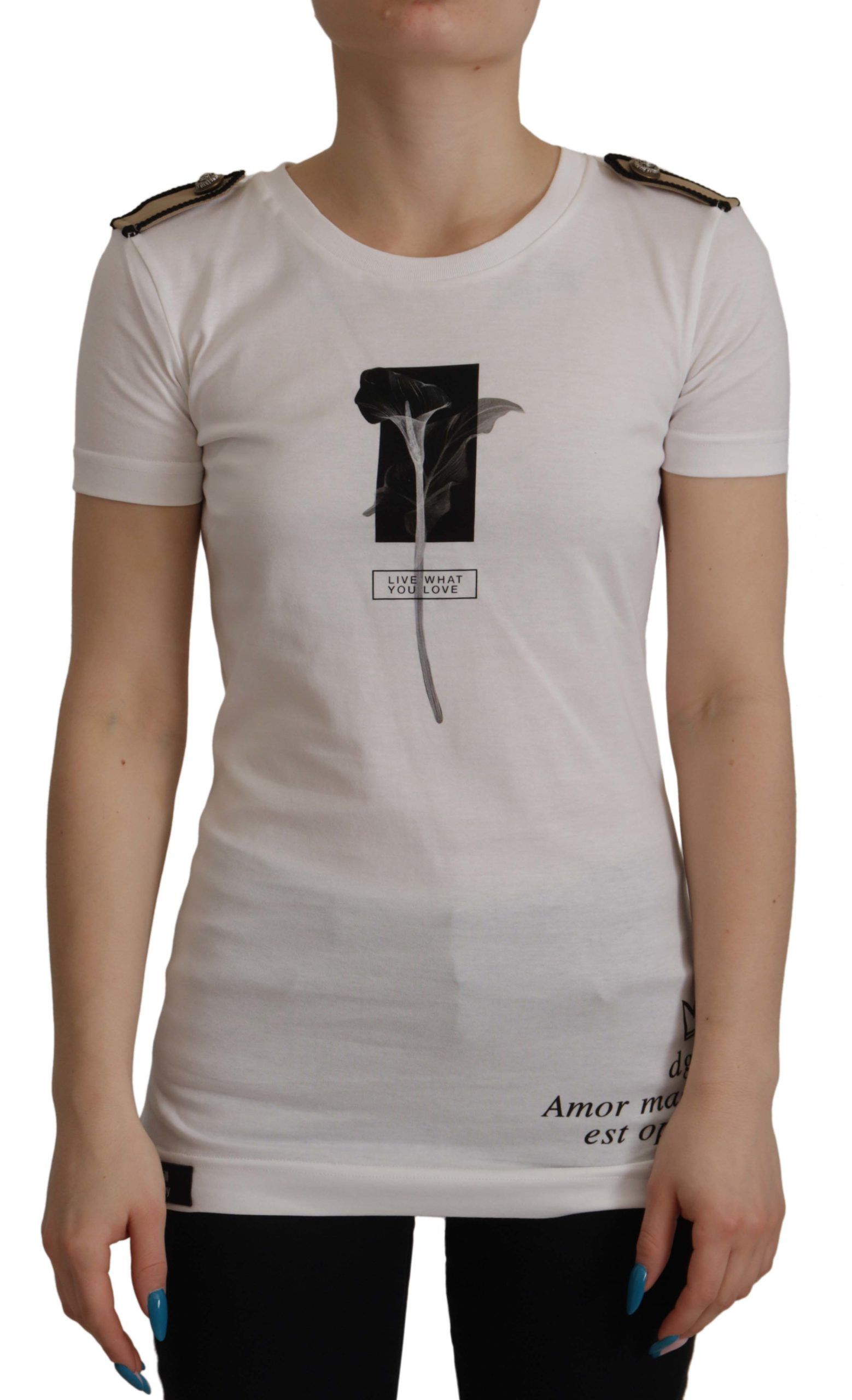 Camiseta de algodón con cuello redondo y rosas blancas y negras de Dolce &amp; Gabbana