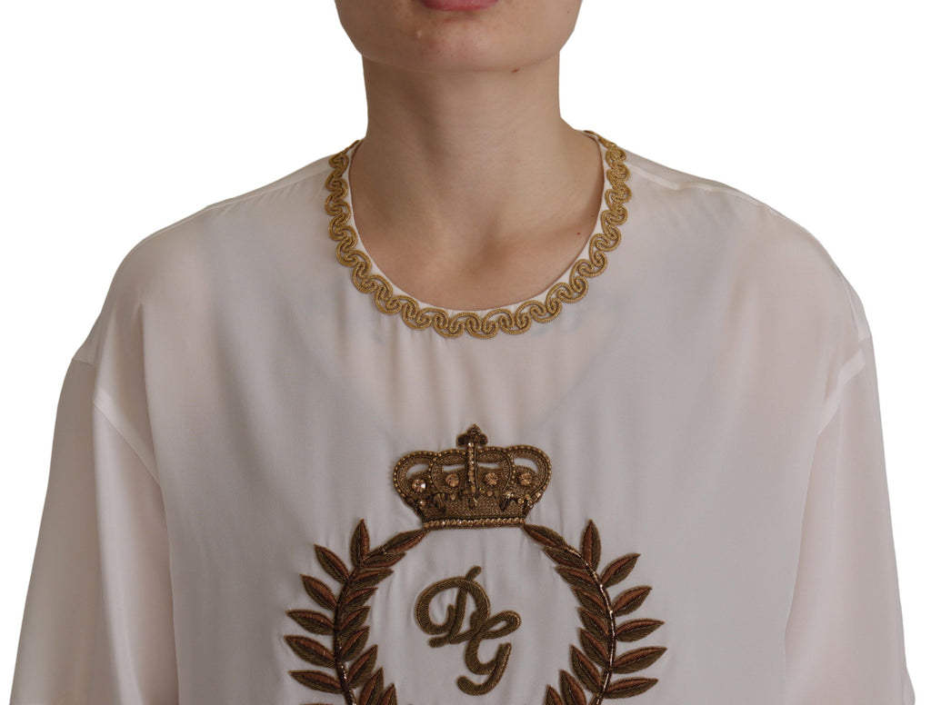 Blusa Dolce &amp; Gabbana de seda blanca con cristales y corona DG dorada