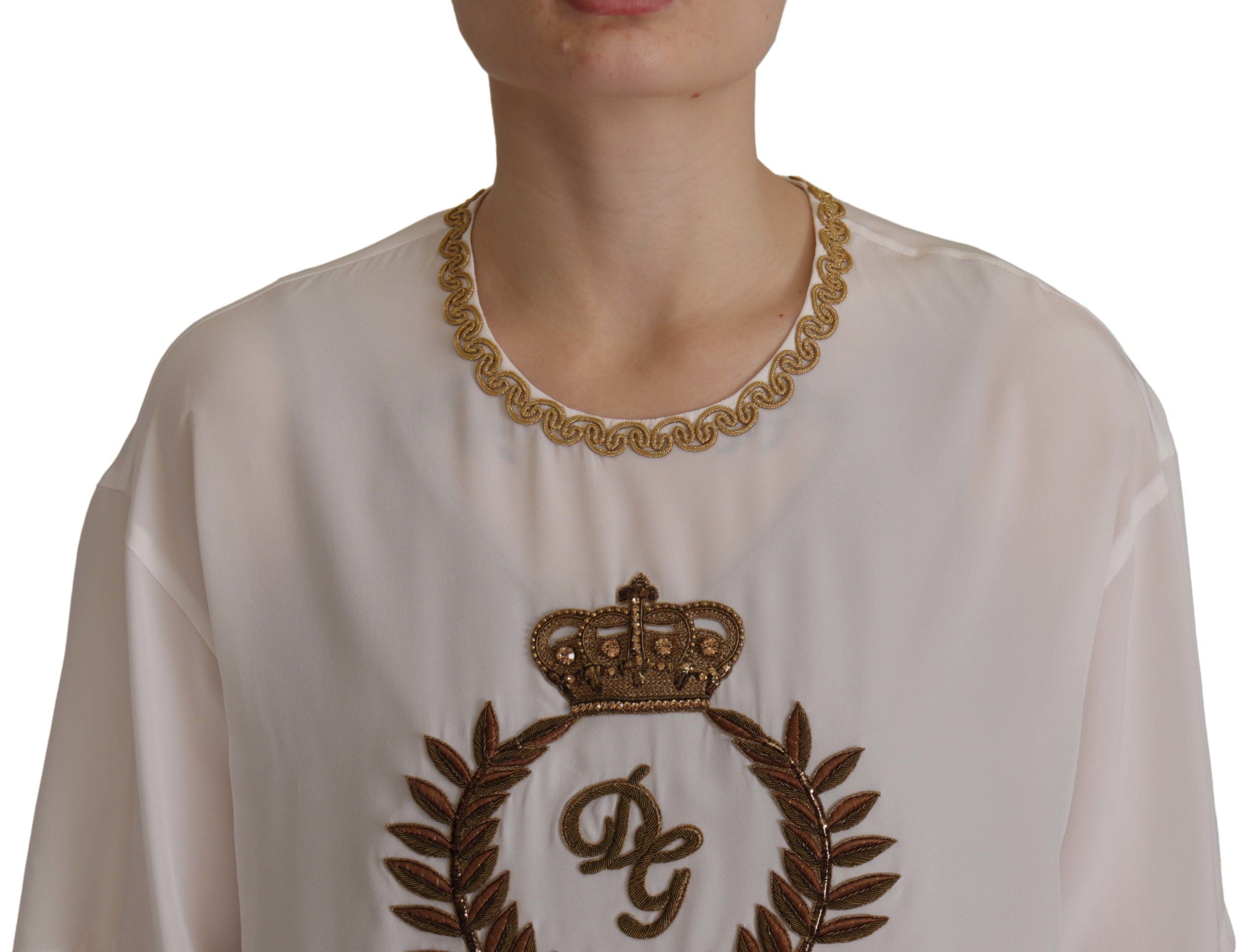 Blusa Dolce &amp; Gabbana de seda blanca con cristales y corona DG dorada