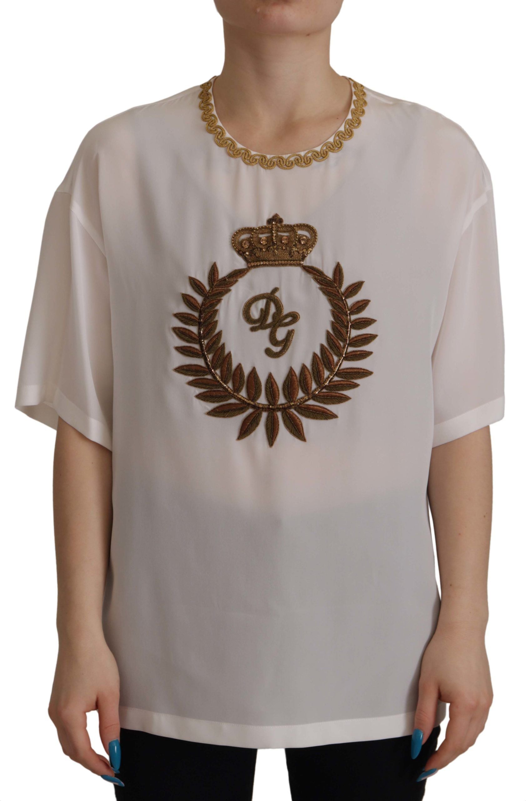 Blusa Dolce &amp; Gabbana de seda blanca con cristales y corona DG dorada
