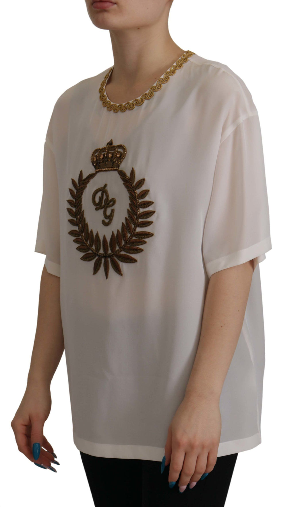 Blusa Dolce &amp; Gabbana de seda blanca con cristales y corona DG dorada