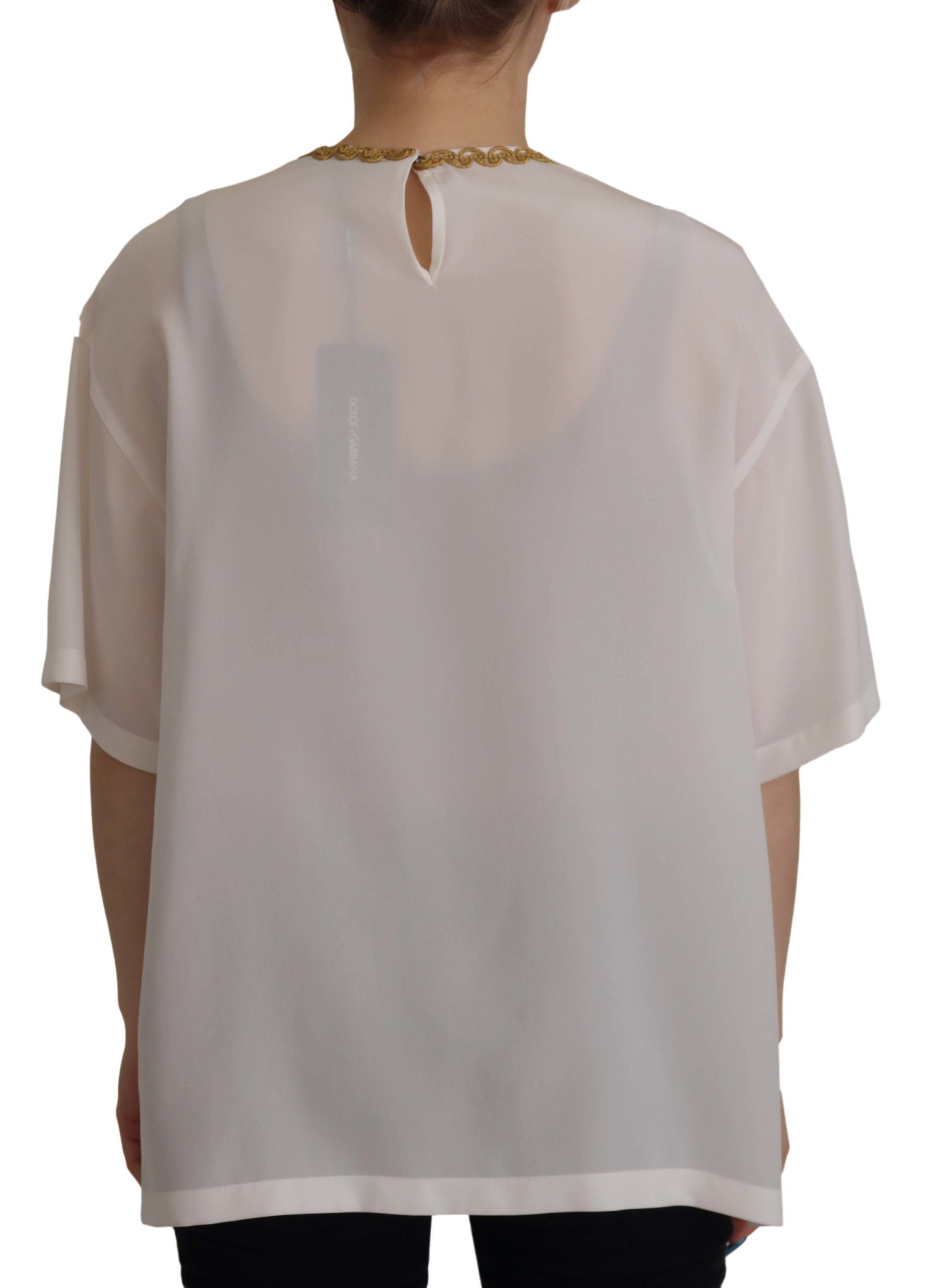 Blusa Dolce &amp; Gabbana de seda blanca con cristales y corona DG dorada