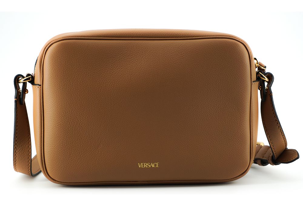 Elegante bolso de hombro Versace de piel marrón con funda para cámara