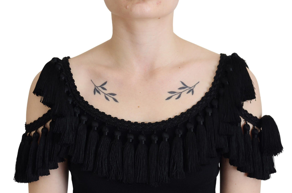 Blusa negra de tirantes Dolce &amp; Gabbana, blusa de algodón con borlas