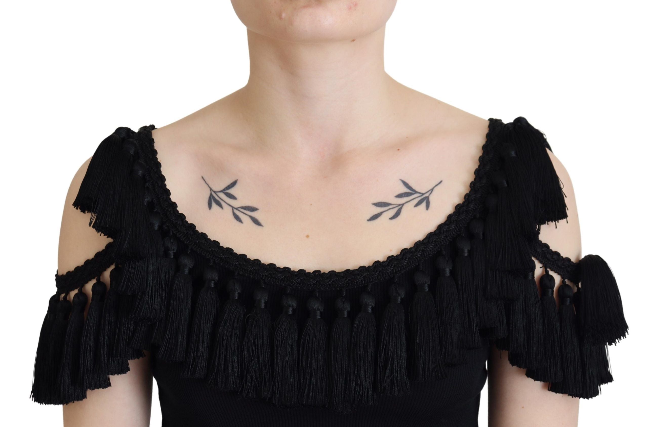 Blusa negra de tirantes Dolce &amp; Gabbana, blusa de algodón con borlas