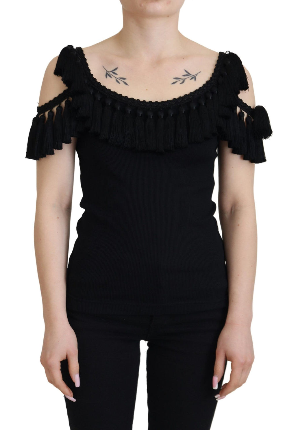 Blusa negra de tirantes Dolce &amp; Gabbana, blusa de algodón con borlas