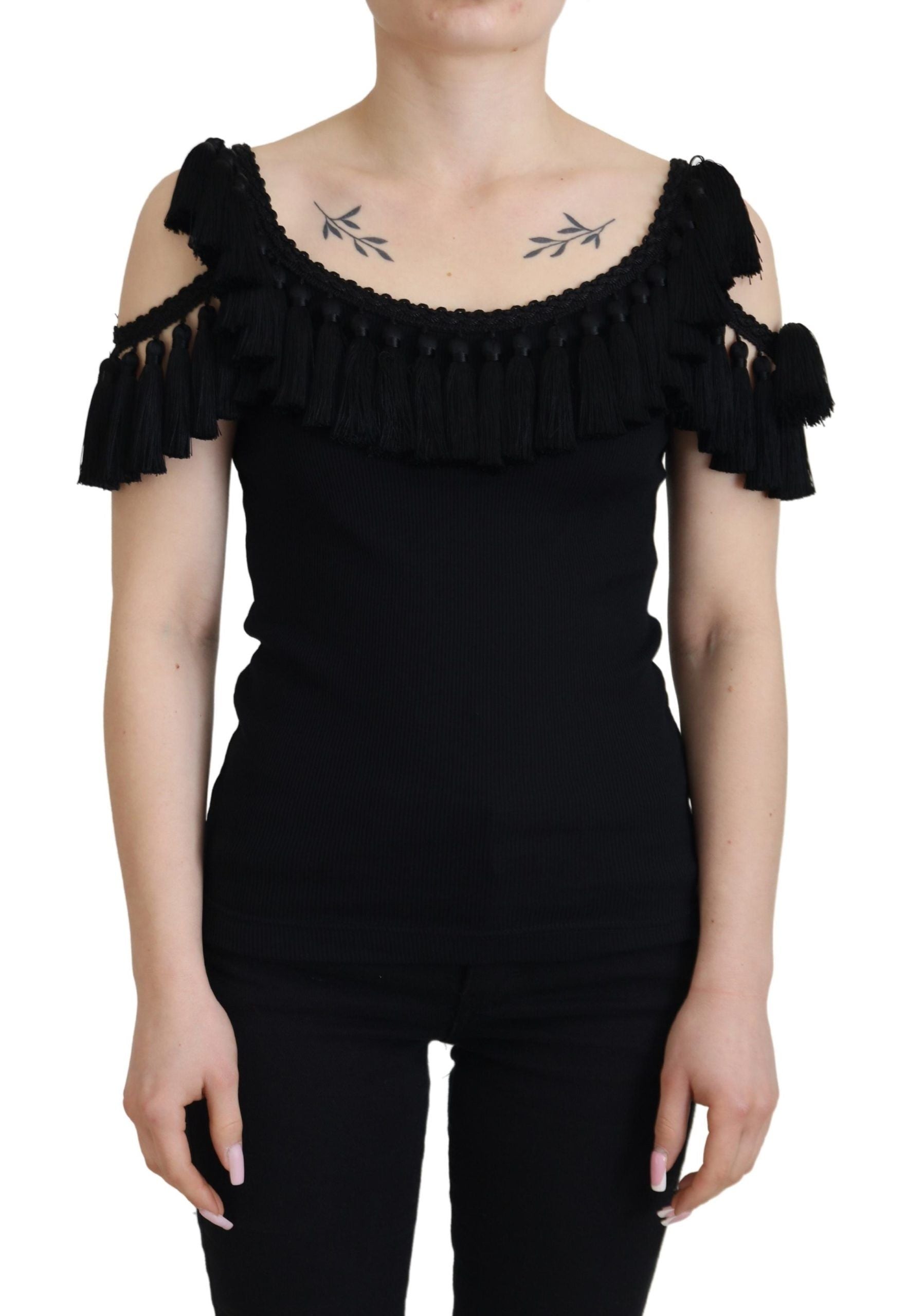 Blusa negra de tirantes Dolce &amp; Gabbana, blusa de algodón con borlas