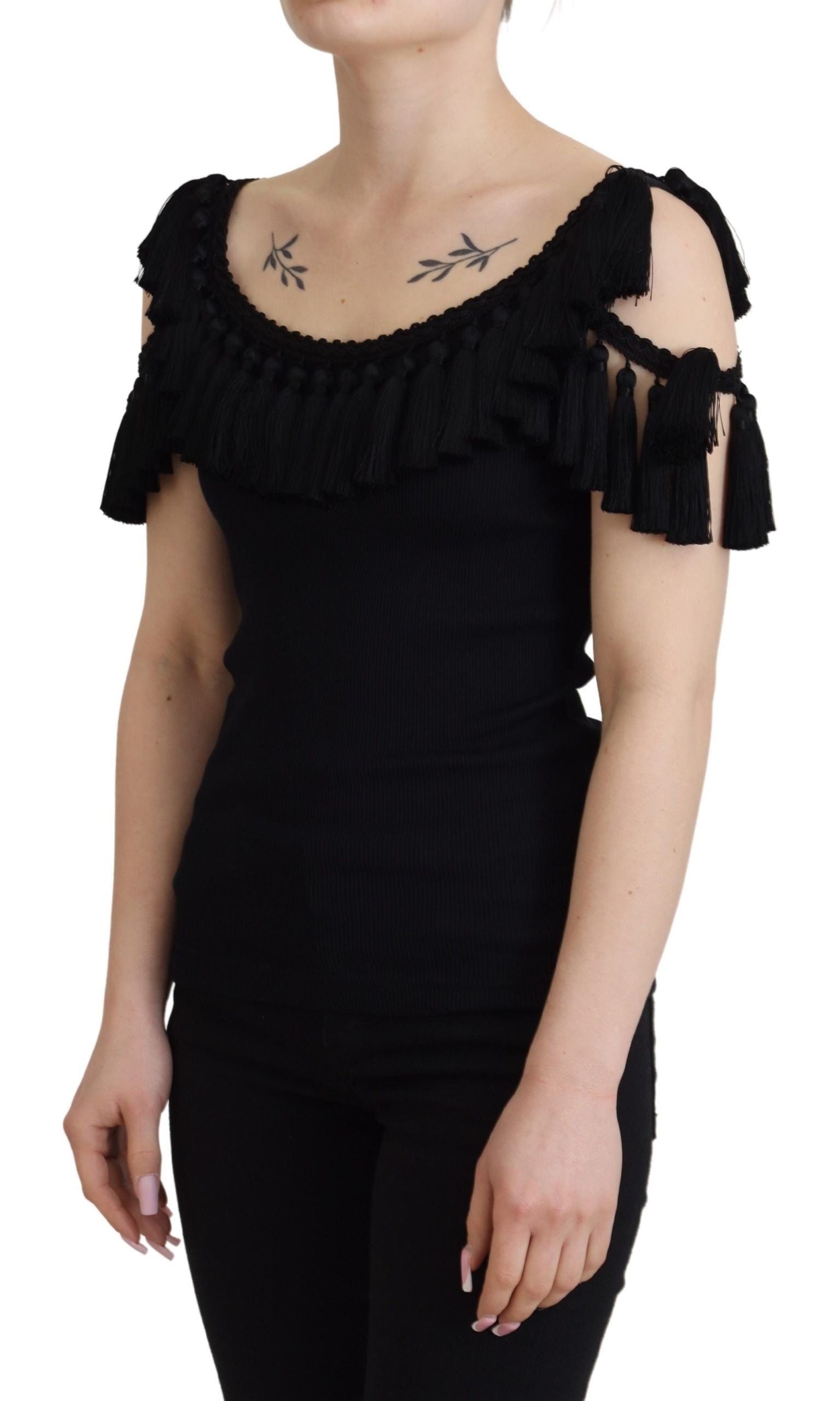 Blusa negra de tirantes Dolce &amp; Gabbana, blusa de algodón con borlas