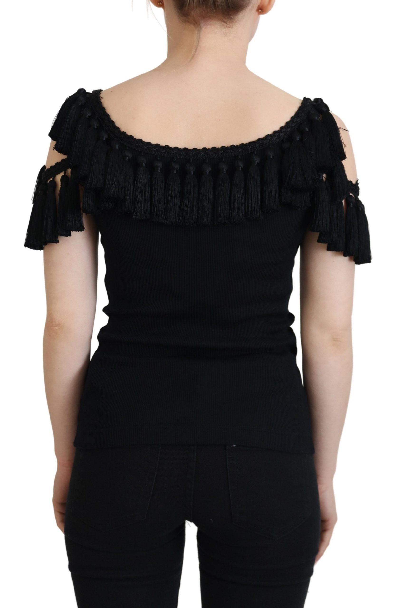 Blusa negra de tirantes Dolce &amp; Gabbana, blusa de algodón con borlas