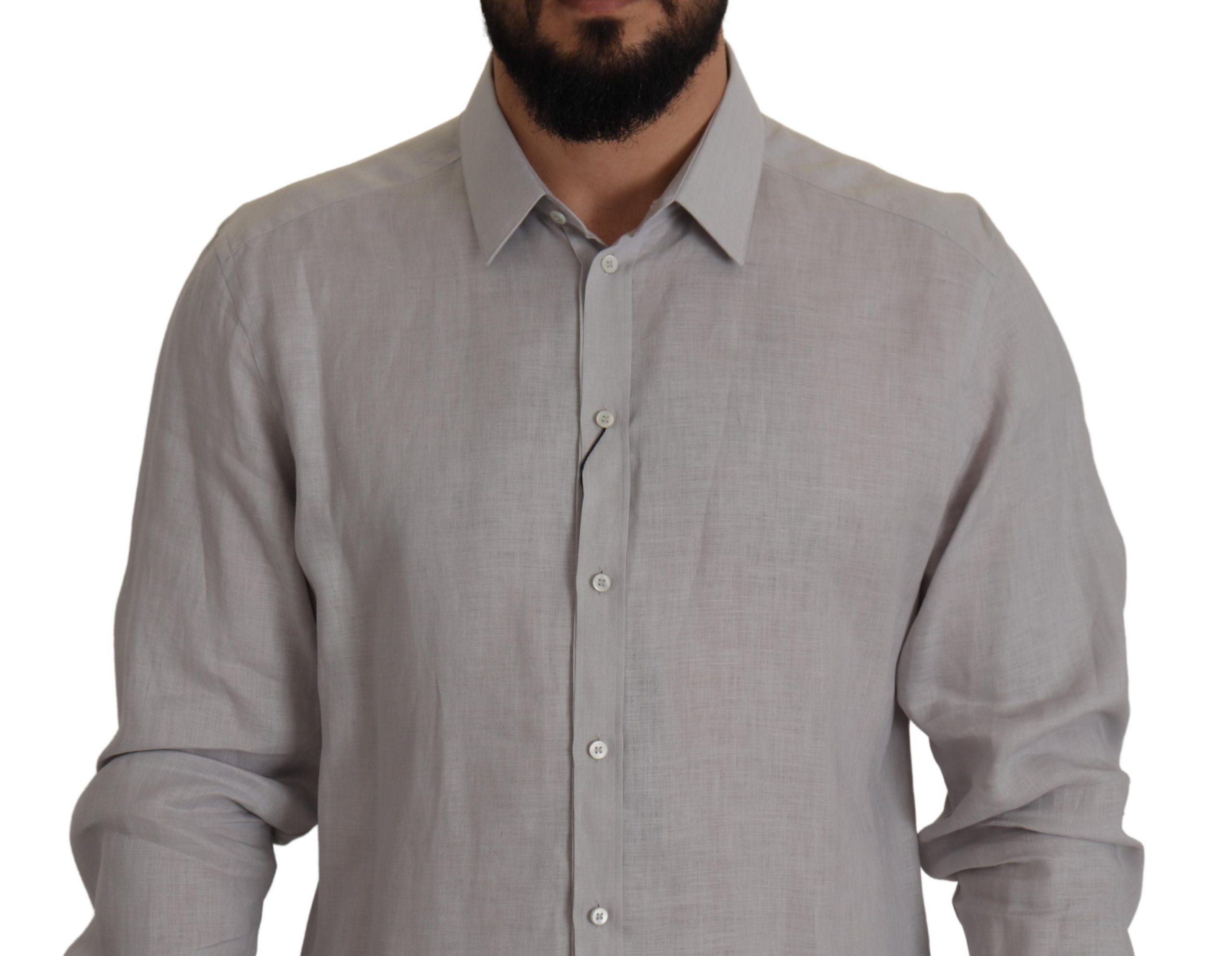 Camisa formal de manga larga de lino gris Dolce &amp; Gabbana GOLD