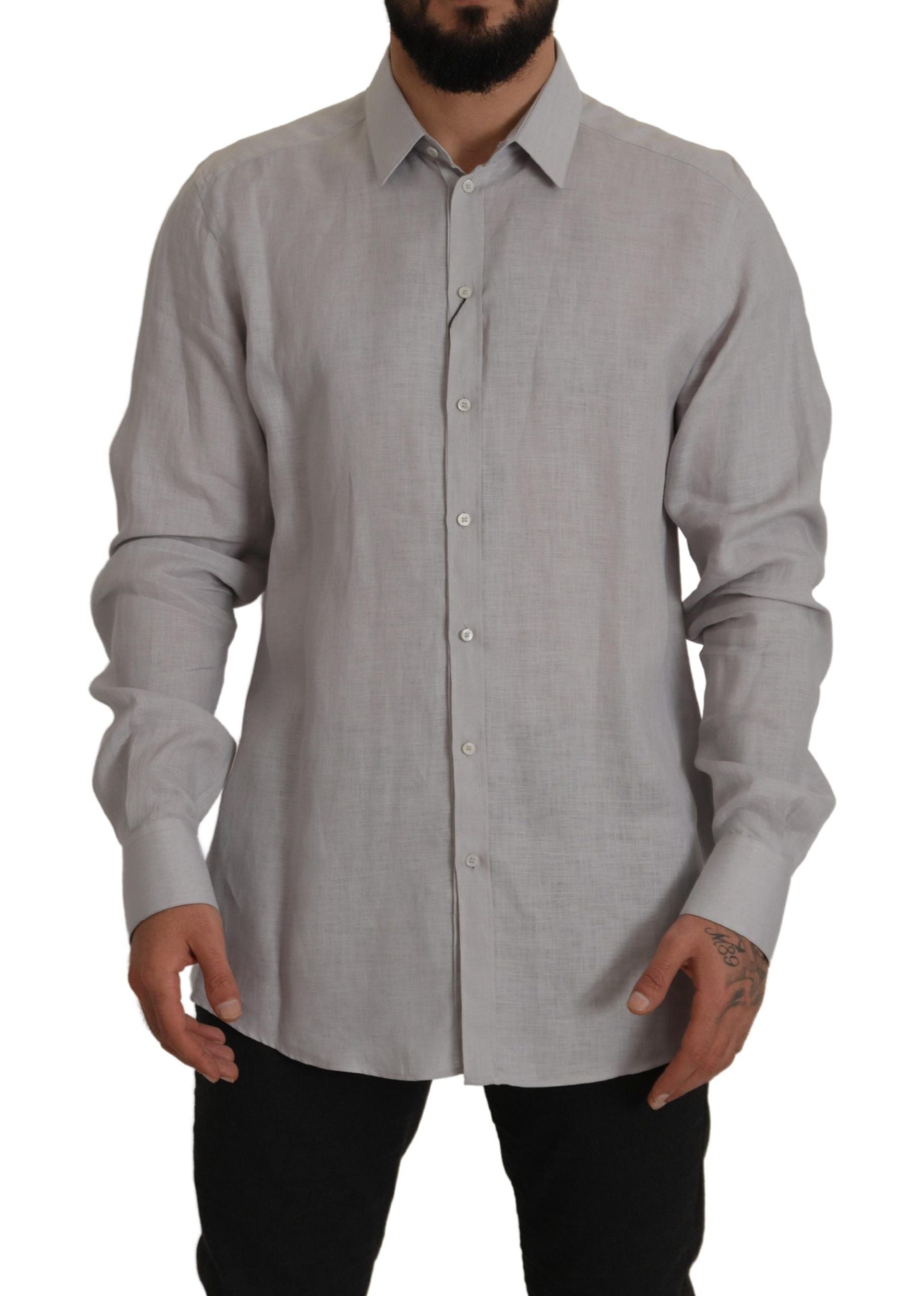Camisa formal de manga larga de lino gris Dolce &amp; Gabbana GOLD