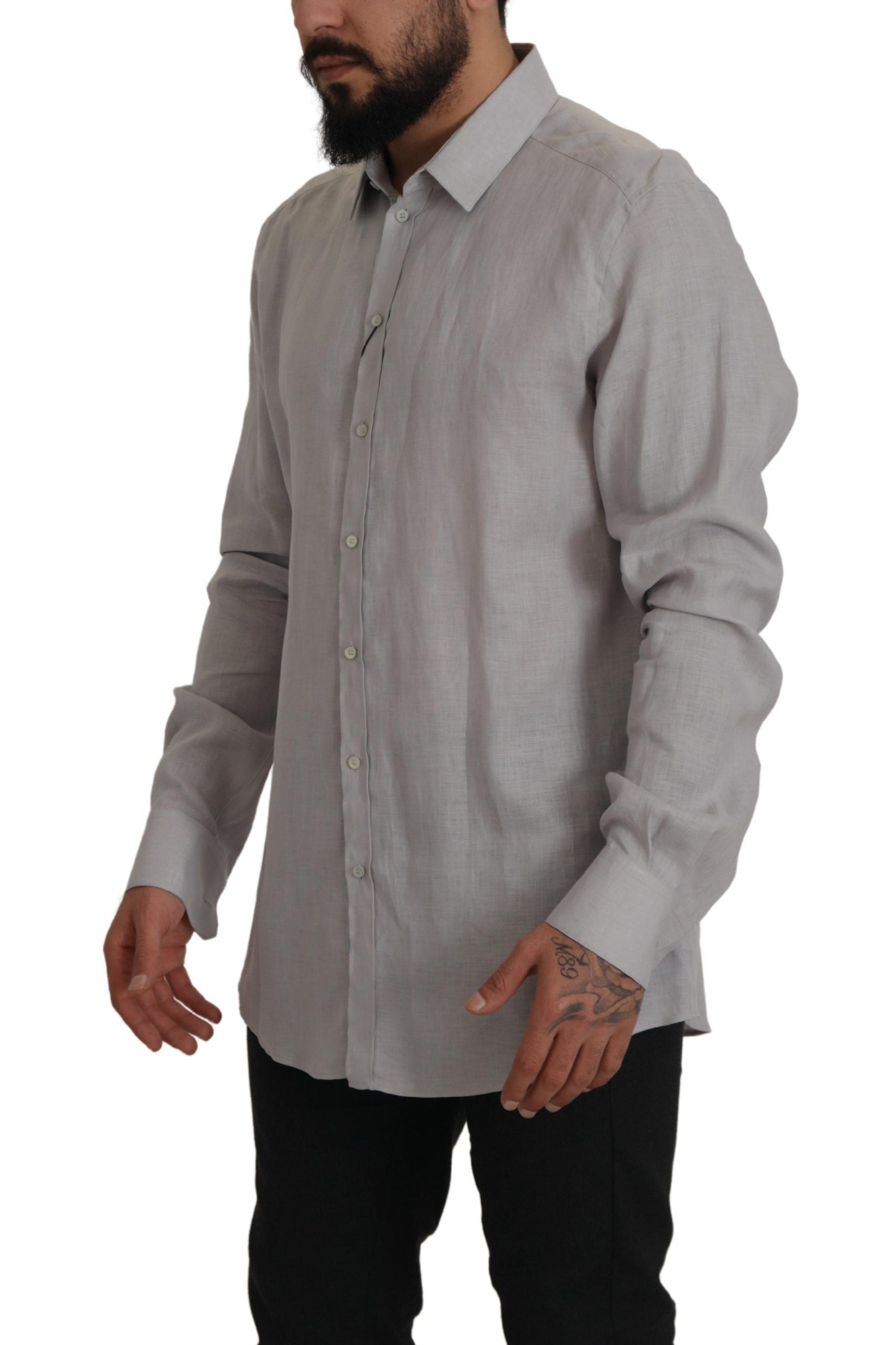 Camisa formal de manga larga de lino gris Dolce &amp; Gabbana GOLD
